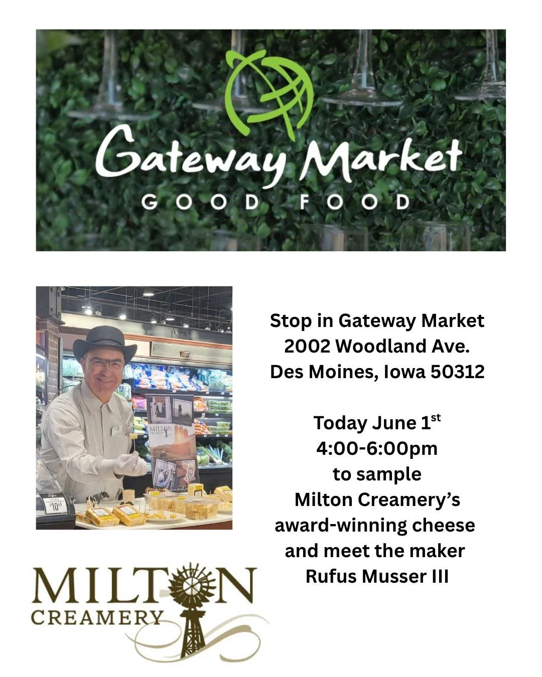 What a perfect way to start the week.....a cheese demo!
Rufus will be at @gatewaymarket today June 1st from 4-6 sharing Milton Creamery's award winning cheese. 

Word on the street is they are having a wine tasting also! 

Stop by and sample our chee