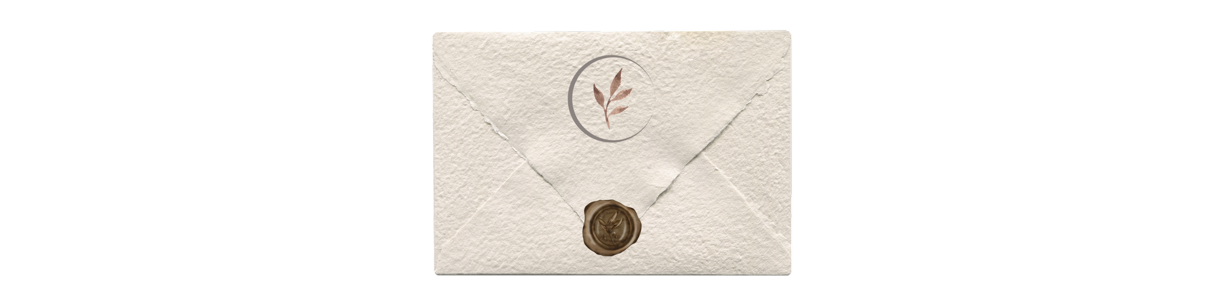 Cream-colored envelope with a wax seal and a round sticker with a leaf design.