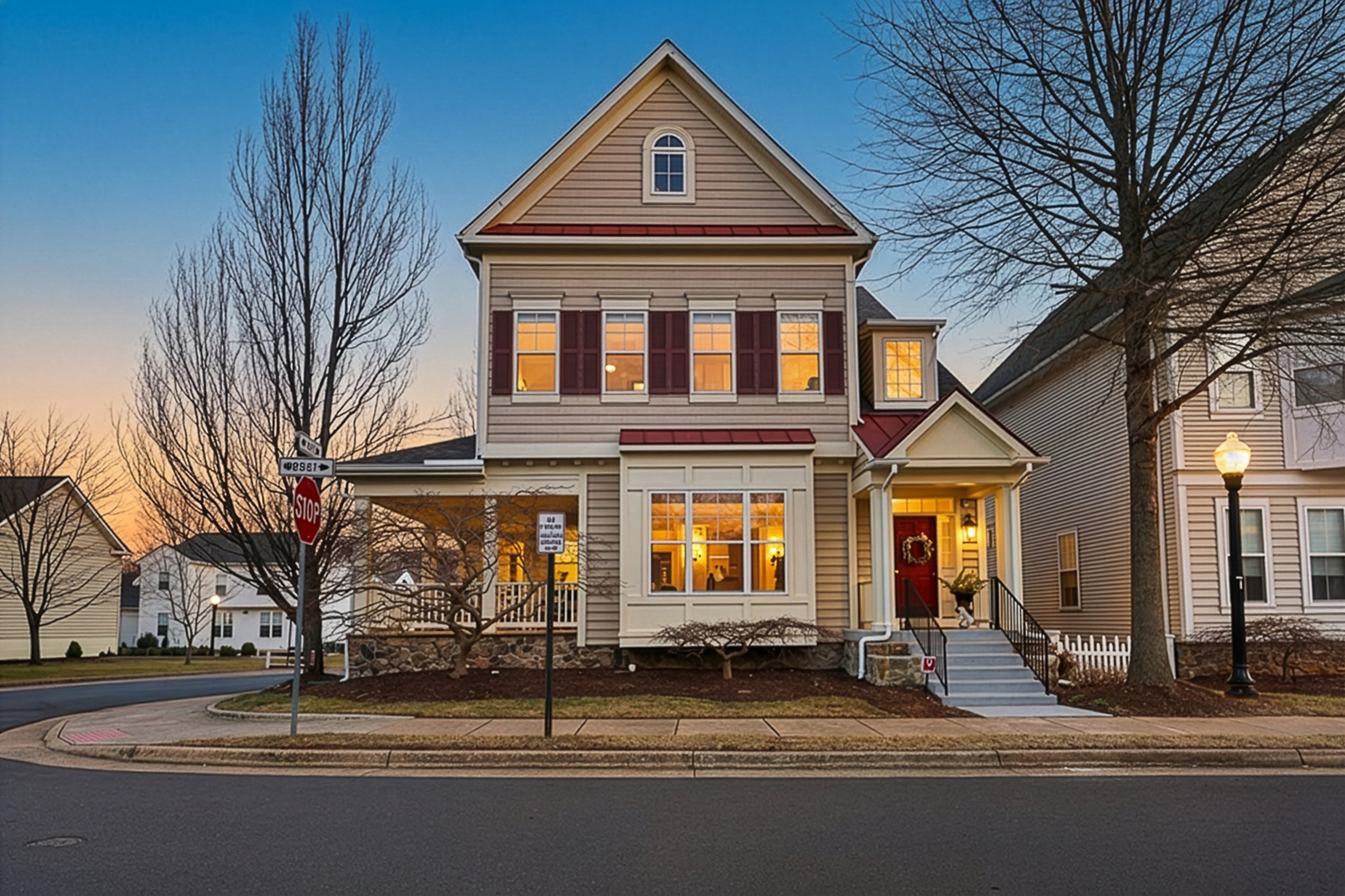 Front of a single family home at twilight photographed for a real estate listing in West Virginia