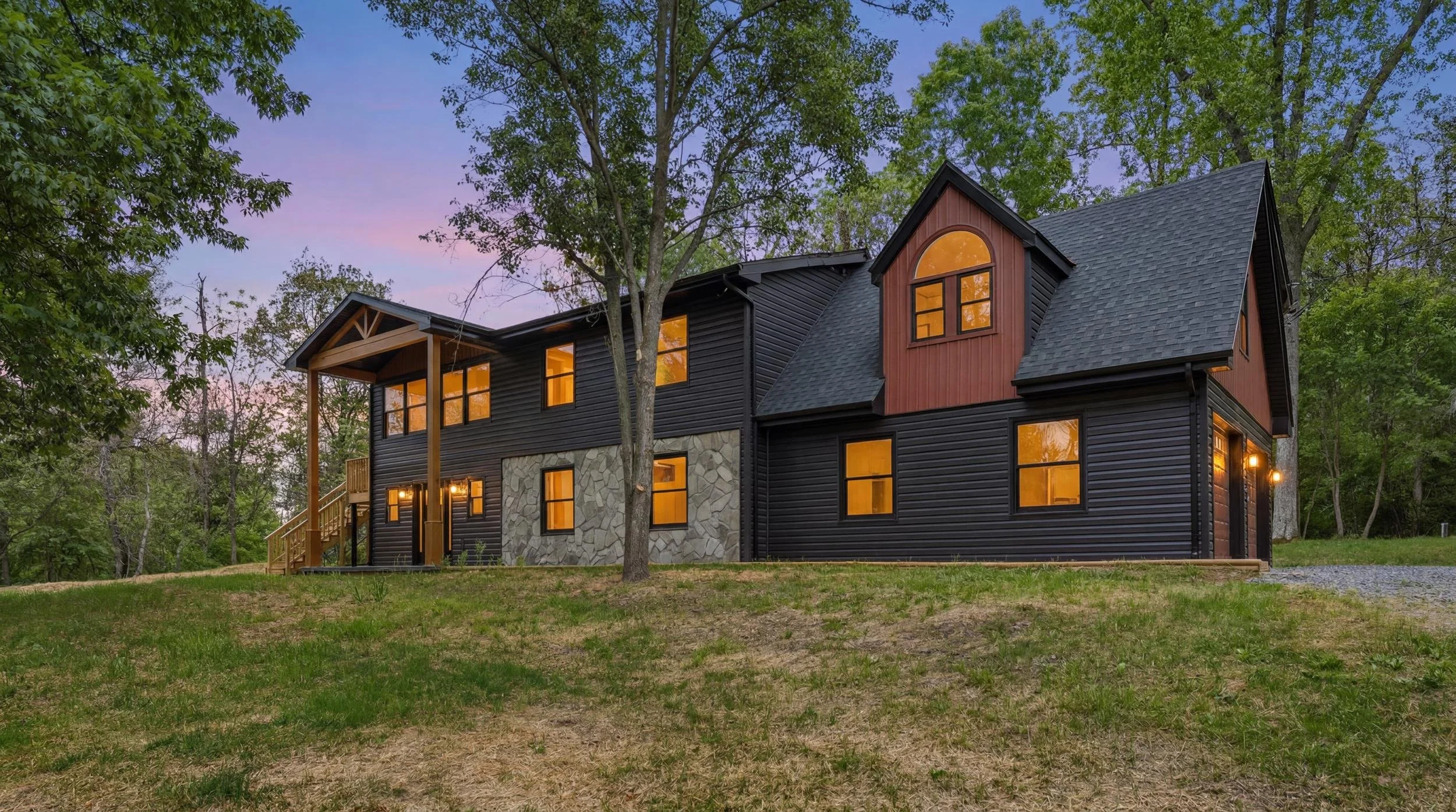 Front of a single family home at twilight photographed for a real estate listing in West Virginia
