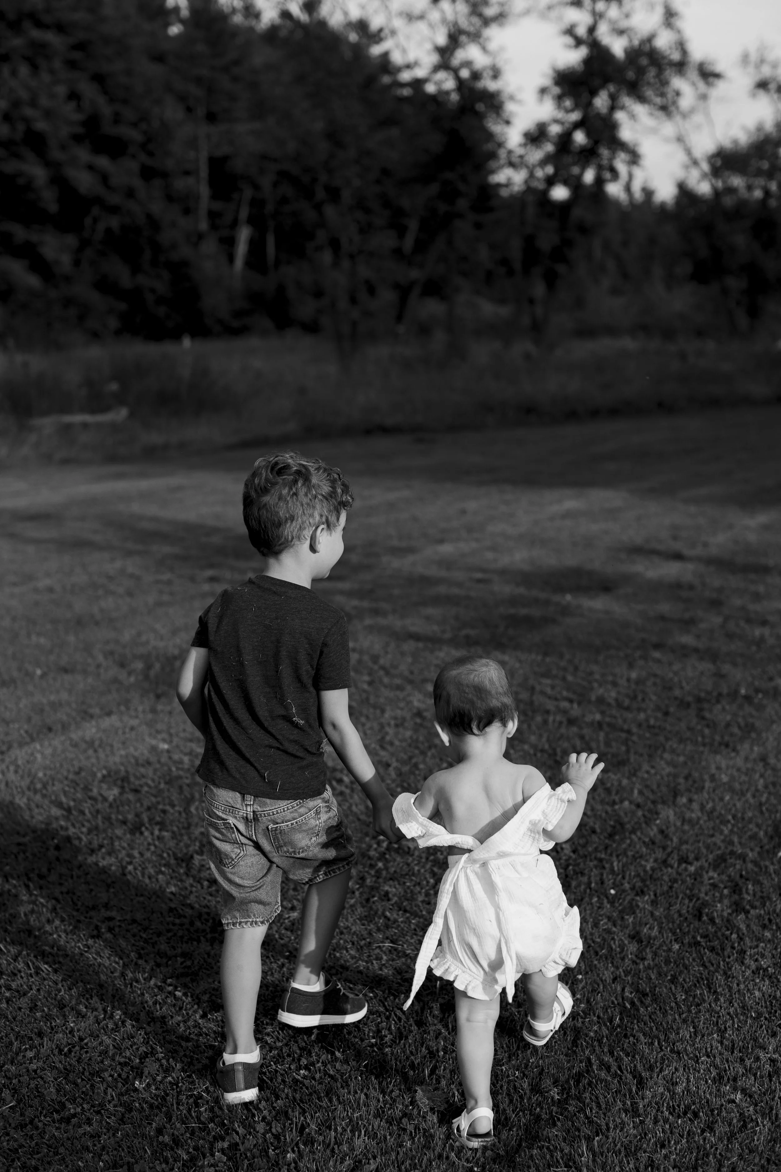 Two young children, a boy and a toddler girl, walking hand in hand on a grassy field during dusk, with trees in the background.