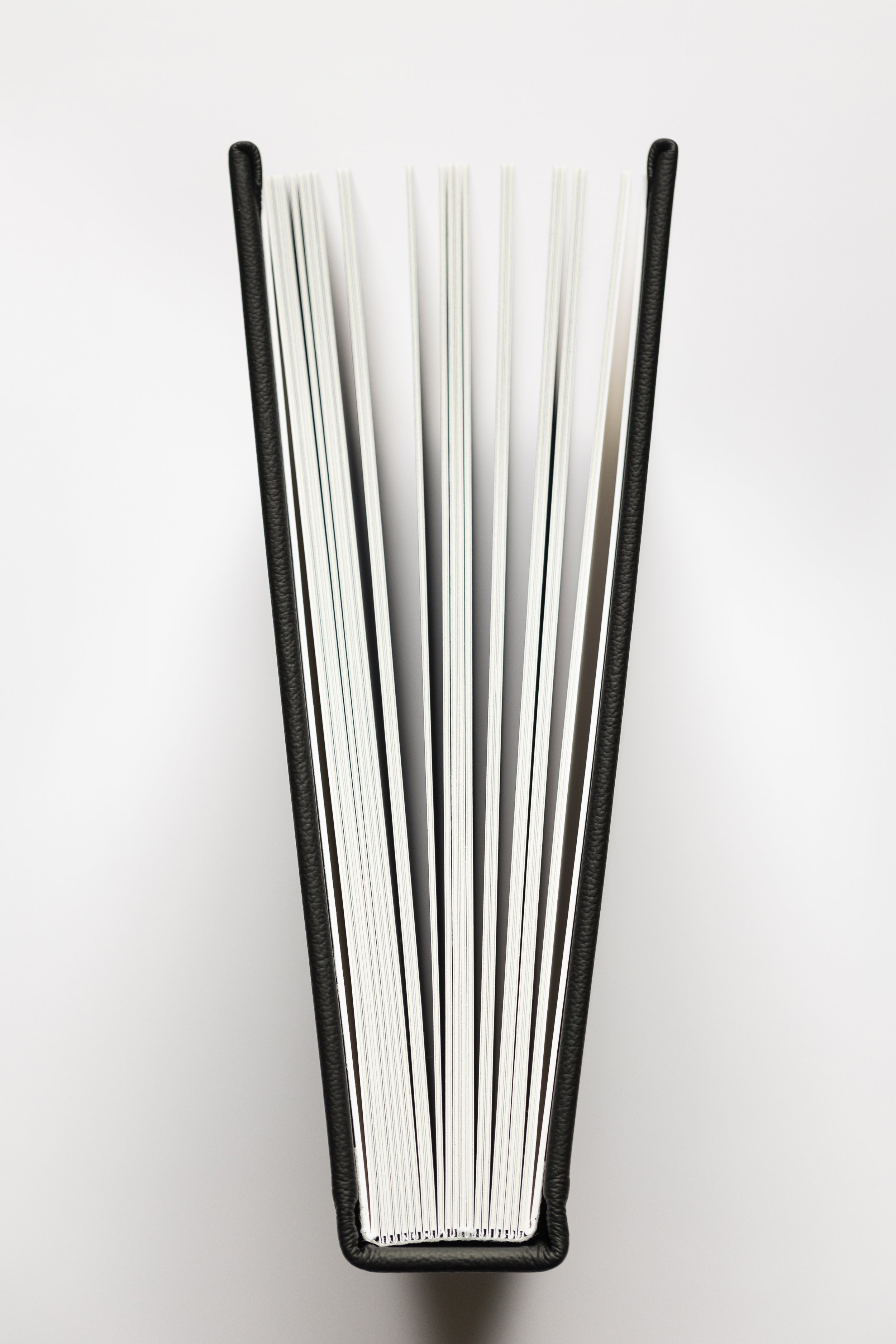 Top view of an open hardcover book with visible pages and black spine.