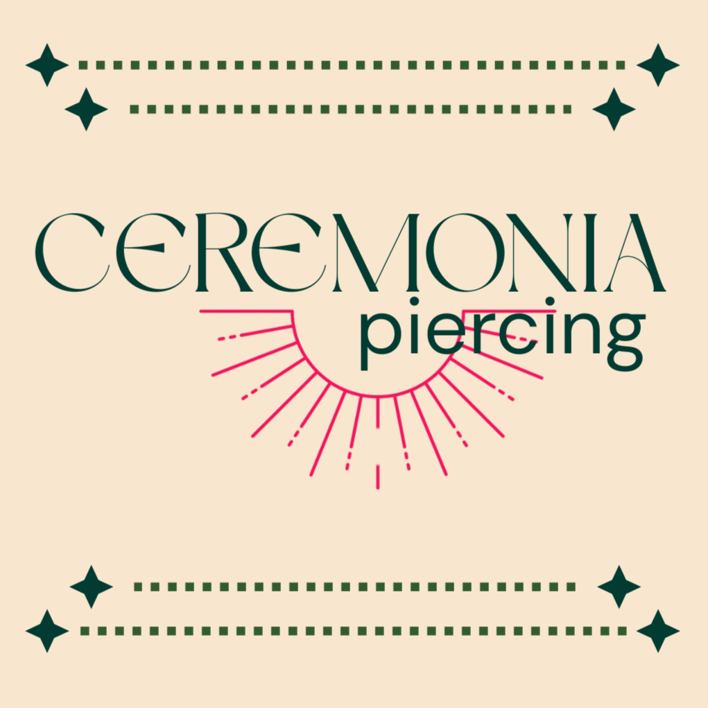 Ceremonia piercing logo with stylized pink sunburst design, green decorative borders and text on a beige background.