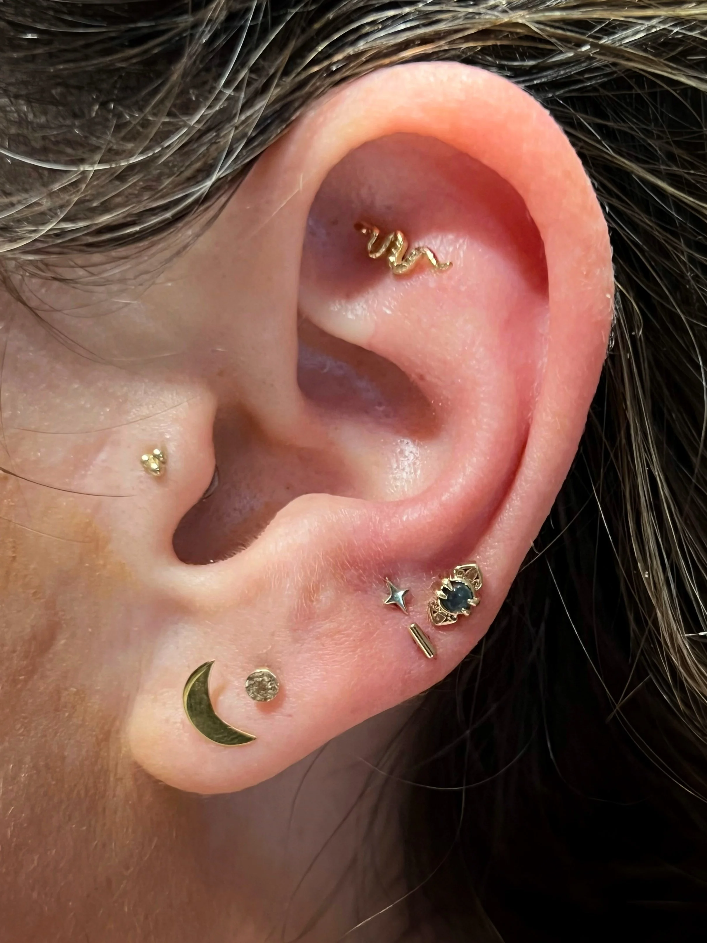 Close-up of a person's ear decorated with multiple gold earrings, including a snake-shaped earring inside the earlobe, a crescent moon, star, and other small jewelry.