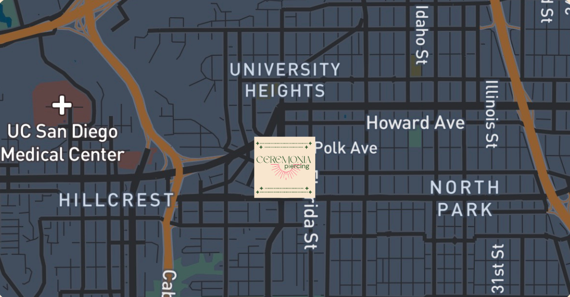 Map showing UC San Diego Medical Center, University Heights, Hillcrest, North Park neighborhoods, and Ceremonia Piercing location on Park Blvd, just north of University Avenue  in San Diego.