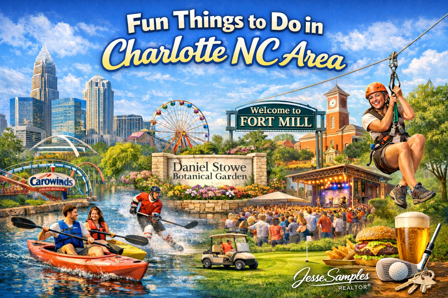Fun things to do in Charlotte NC area kayaker, golfer, historic buildings Daniel Stowe Botanical Garden, Carowinds, outdoor recreation and attractions