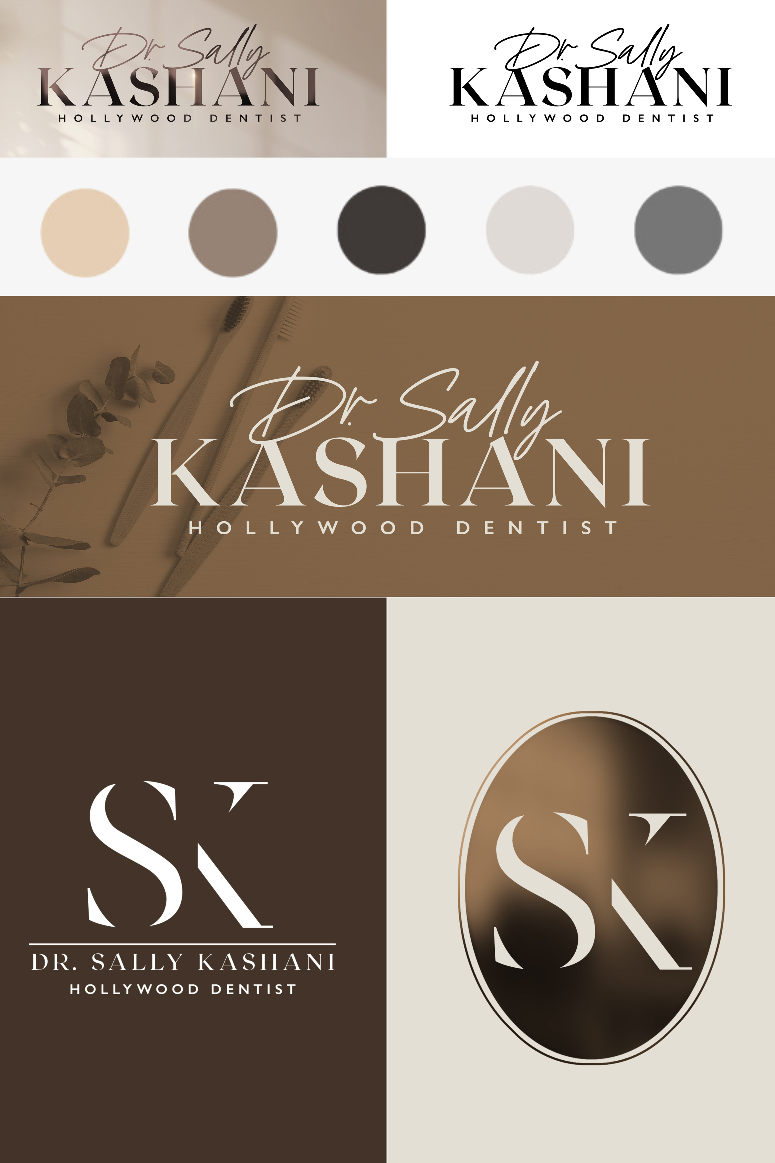 Multiple logo designs for Dr. Sally Kashani, a Hollywood dentist, with color palettes and dental tools in the background.
