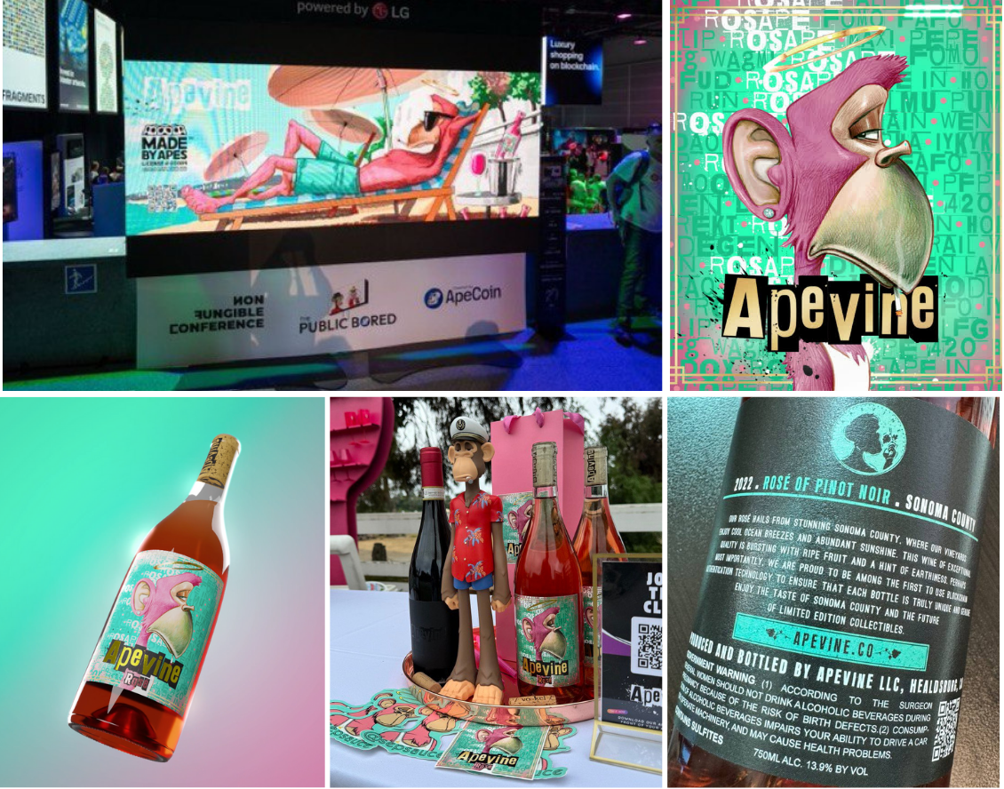 A collage of five images featuring ApeVine branding and products: a digital display with a relaxing cartoon character, a stylized ape with pink fur and text "Apevine," a bottle of ApeVine rosé wine, merchandise including a figurine and stickers, and a close-up of the wine label describing its origin and characteristics.