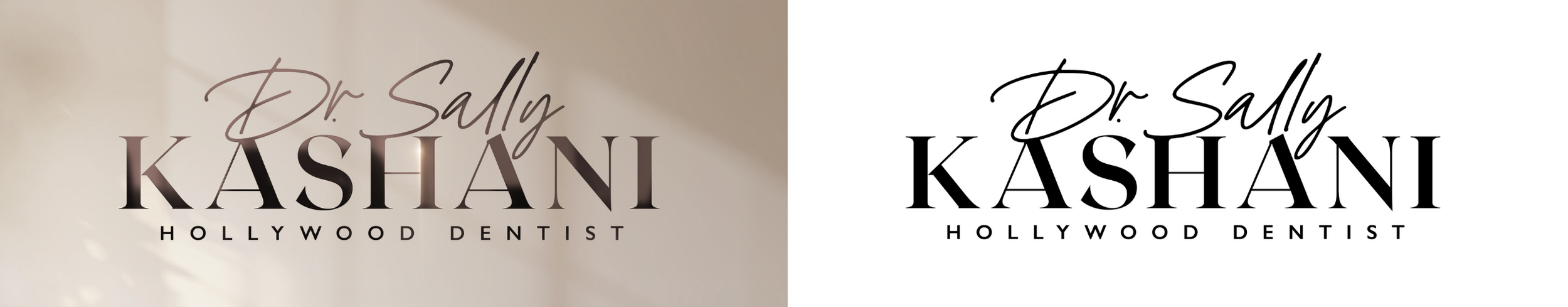 Comparison of logo designs for Dr. Sally Kashani Hollywood Dentist, one with a beige background and shadowed text, the other with a white background and black text.