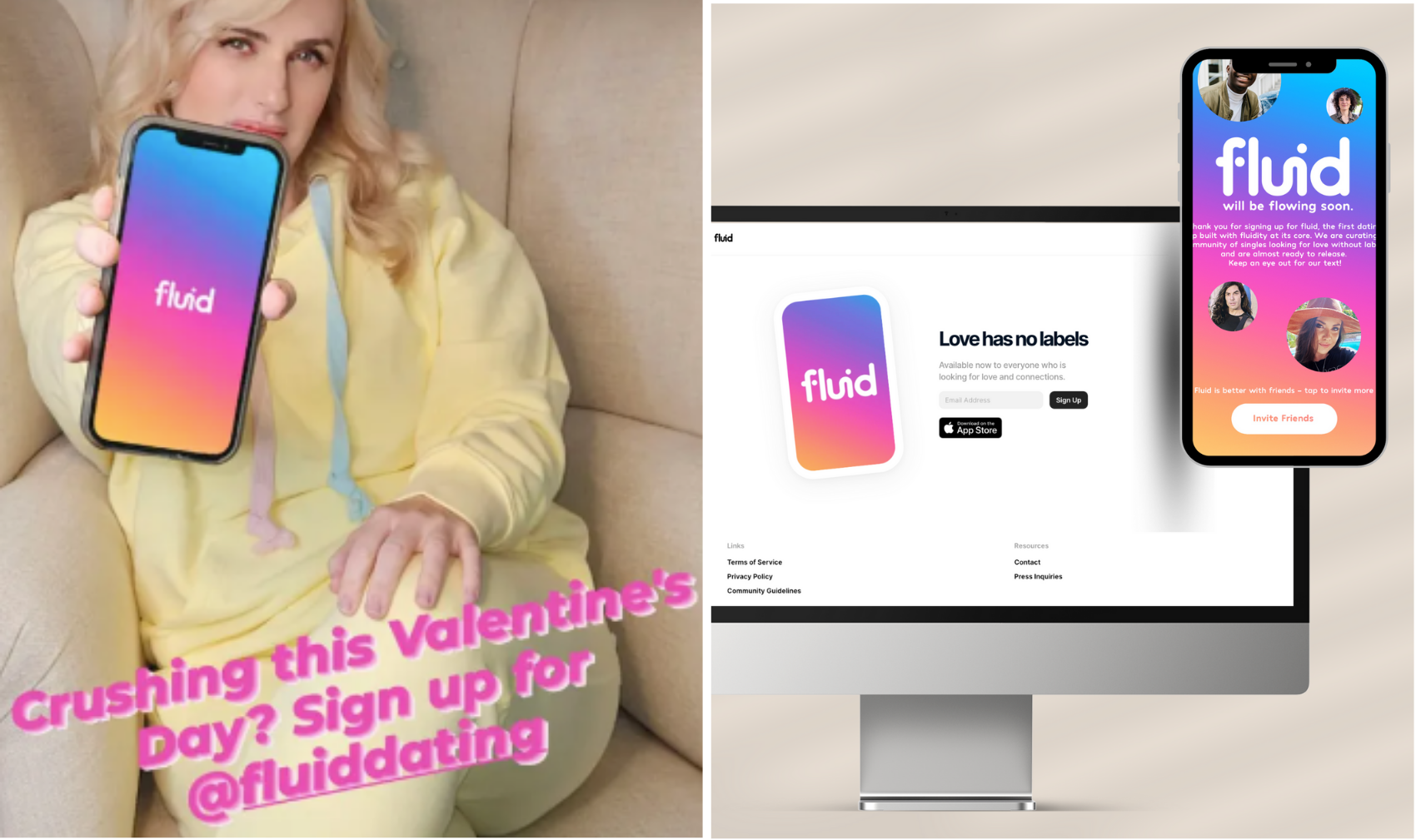 Woman in yellow outfit sitting on a beige couch holds up a smartphone displaying the fluid dating app logo. Text on the image promotes signing up for Fluid on Valentine's Day with the username @fluidddating. The right side shows a computer screen with the Fluid app interface, including sign-up options and promotional messages.