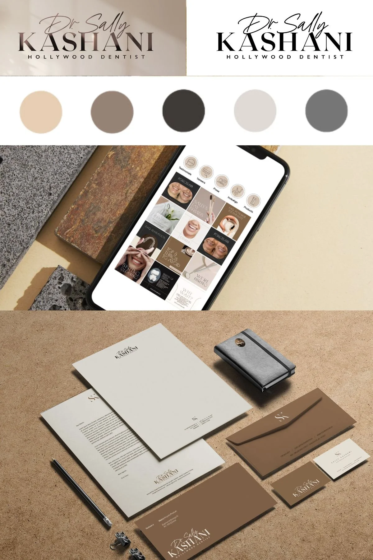 Branding and stationery items for Dr. Sally Kashani, a Hollywood dentist, including logo designs, a mobile phone displaying a website or social media profile, and various printed materials on a desk.