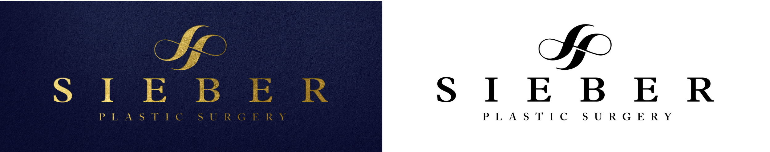 Comparison of two logos for Sieber Plastic Surgery, one in gold on a dark blue background and the other in black and white on a white background.