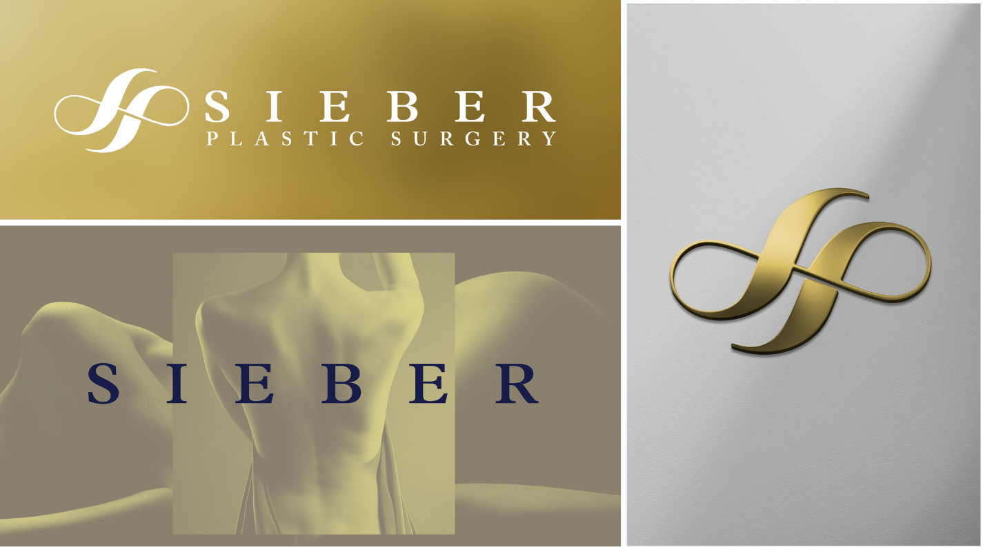 A digital graphic design featuring the words "SIEBER PLASTIC SURGERY" with a logo, a mannequin bust, and a gold S-shaped emblem on a silver background.