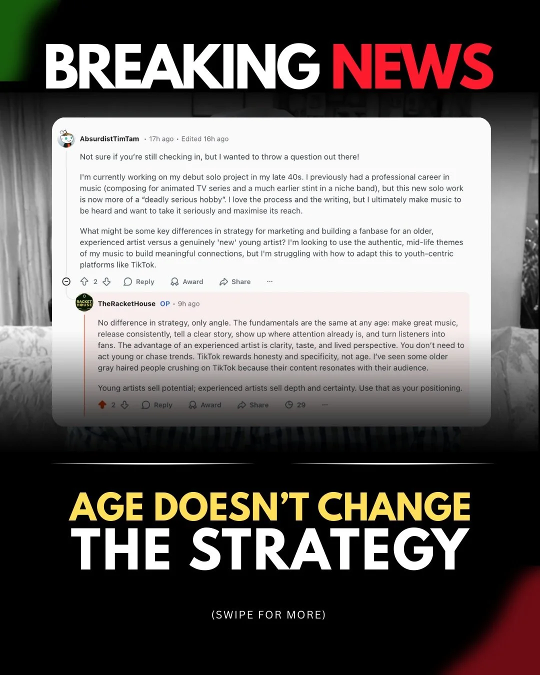 The formula stays the same no matter if you&rsquo;re 24 or 64. 

#independentartist #indieartist #musicmarketing #advice #unsignedartist