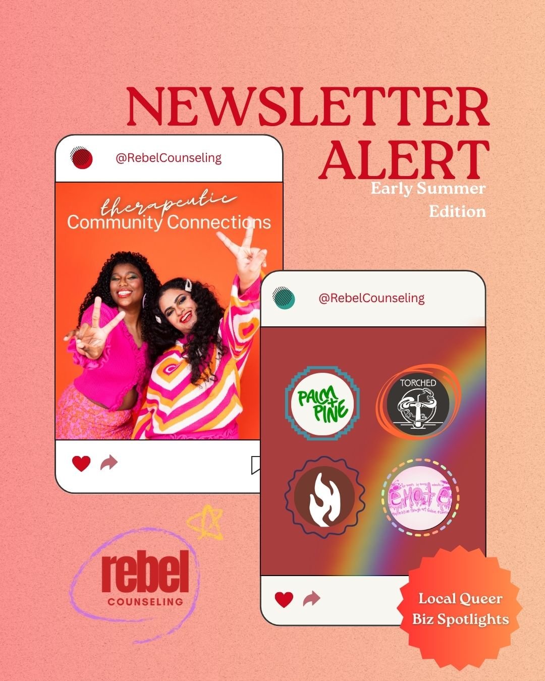 The season&rsquo;s shifting, and so are we 🌿☀️
Our early summer newsletter just dropped &mdash; with Rebel updates, local events, therapist resources, and the little things keeping us grounded lately.

✨ We&rsquo;re also spotlighting 4 queer-owned b