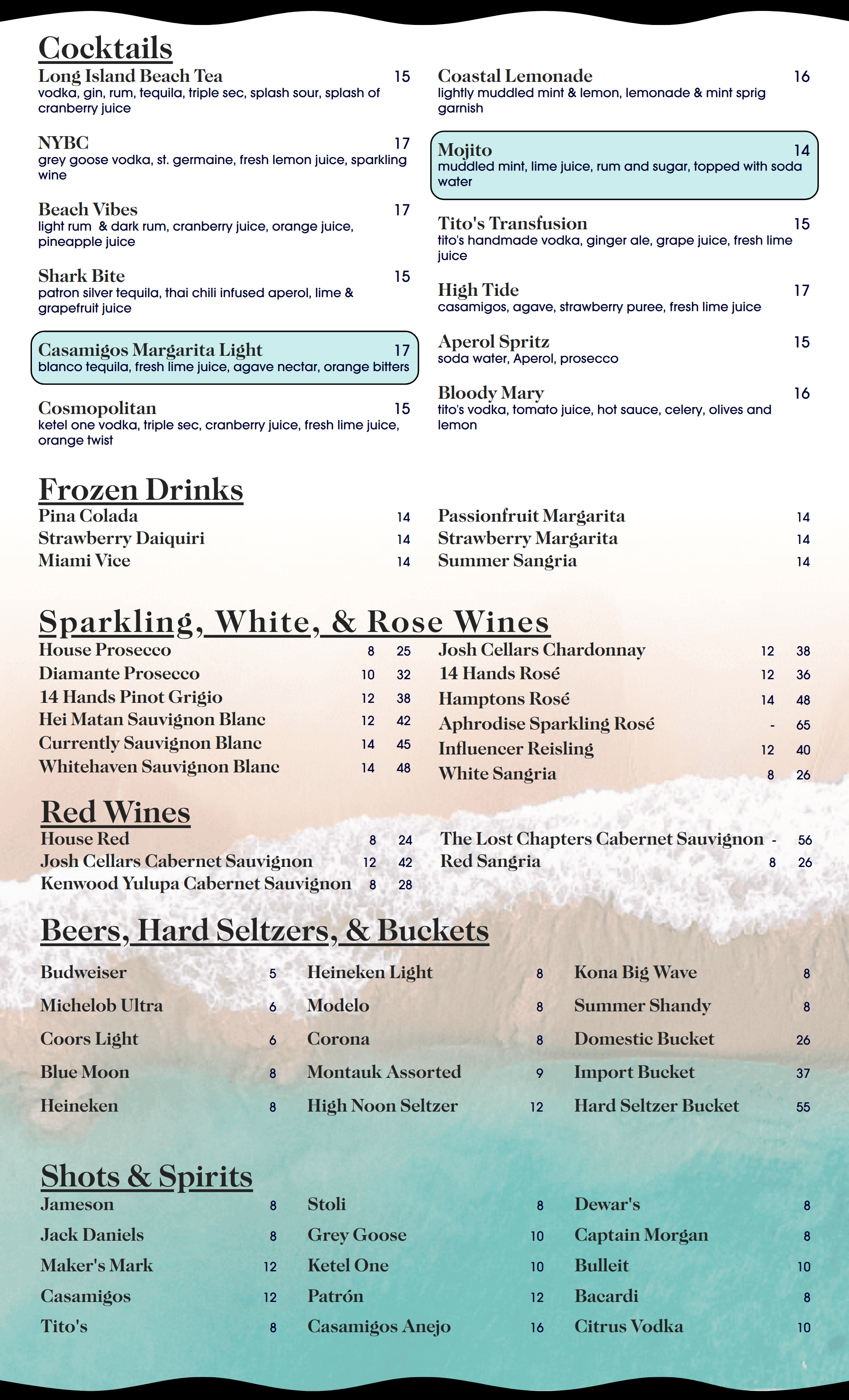 Section of a cocktail menu listing various drinks including Long Island Beach Tea, NYBC, Beach Vibes, Shark Bite, Casamigos Margarita Light, Cosmopolitan, Coastal Lemonade, Mojito, Tito's Transfusion, High Tide, Aperol Spritz, Bloody Mary, frozen drinks, sparkly wines, red wines, beers, seltzers, and spirits with prices.