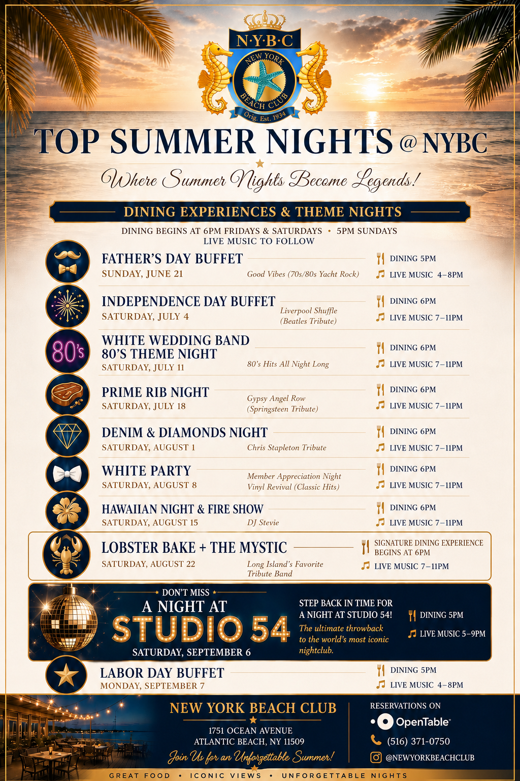 Event poster for NYBC Beach Club summer events featuring various themed dinners, live music, and fireworks nights from June to September, with a special retro night at Studio 54 on September 6 and Labor Day buffet on September 7, against a sunset beach background with palm trees.