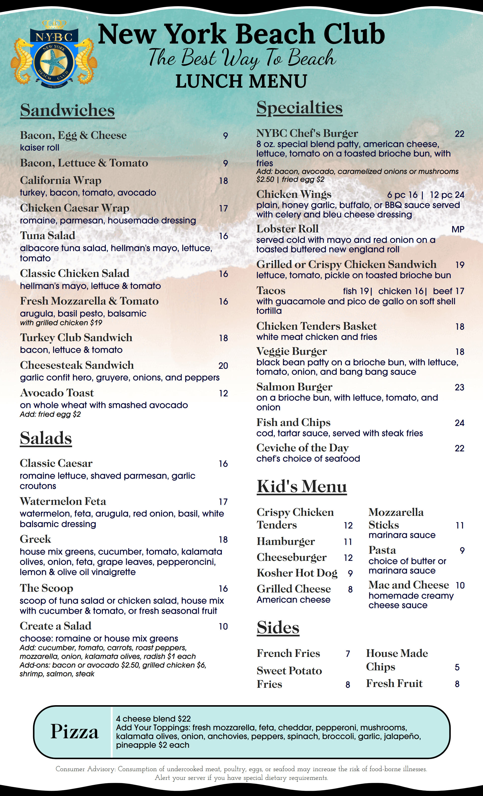 Lunch menu for New York Beach Club featuring sandwiches, salads, specialties, Kid's Menu, pizza, and sides.