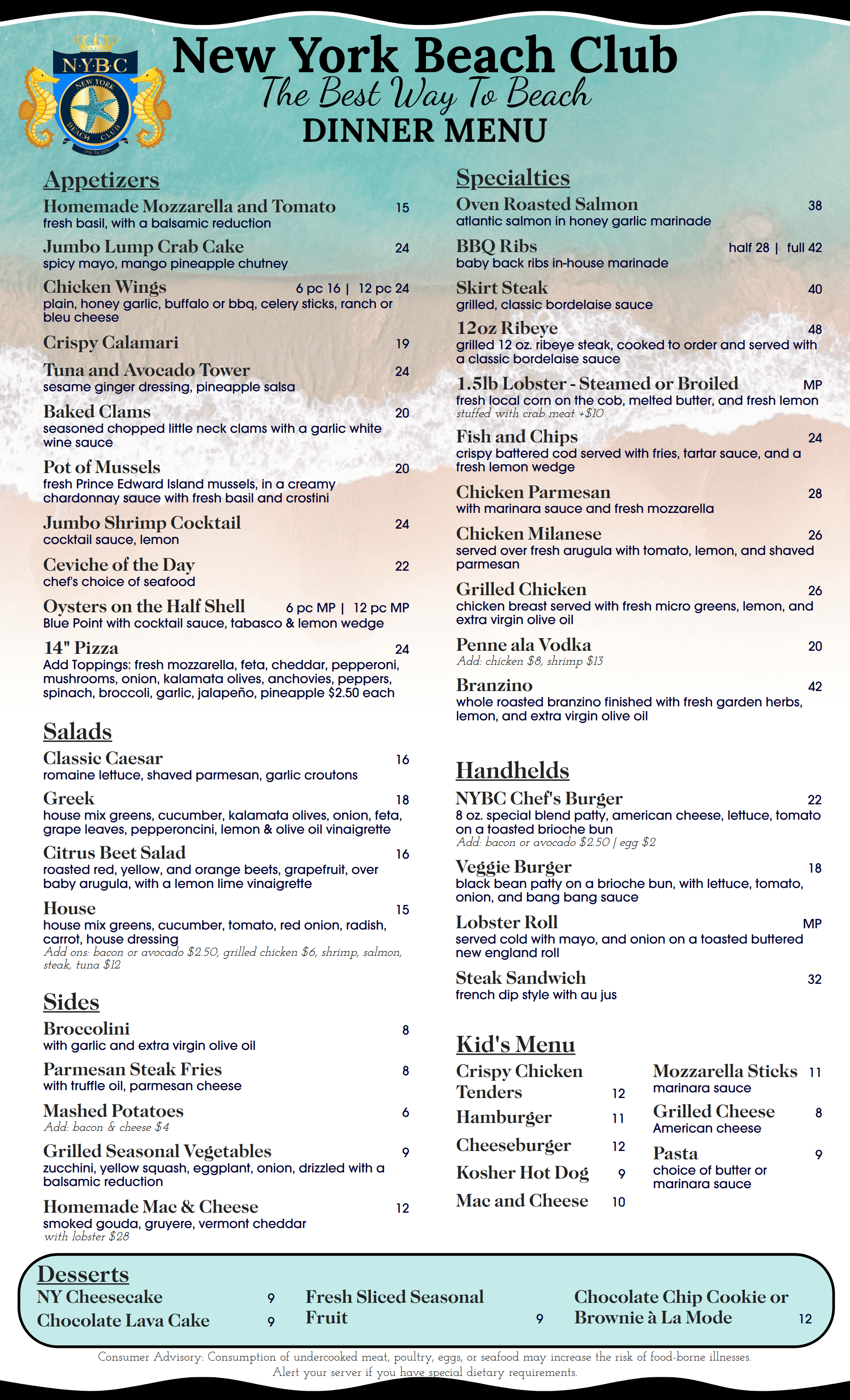 Dinner menu for the New York Beach Club, featuring appetizers, salads, specialties, sides, desserts, and kids' menu with prices.