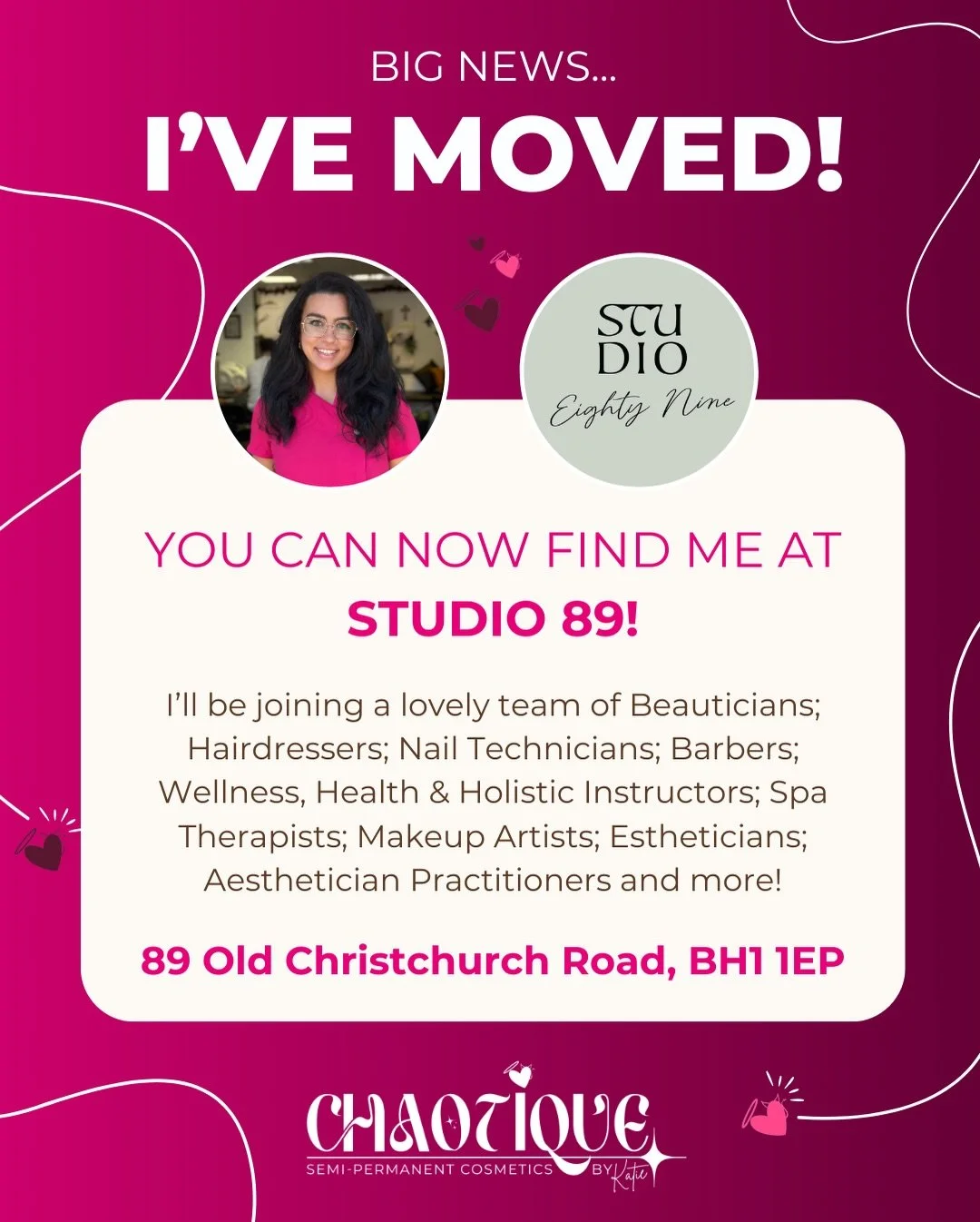 ✨ I&rsquo;ve moved!! You can now find Chaotique by Katie at Studio 89, 89 Old Christchurch Rd, Bournemouth BH1 1EP

📆 My diary is now open! You can find me on Booksy, visit my website or click the link in my bio! 

🅿️ Closest available parking at R
