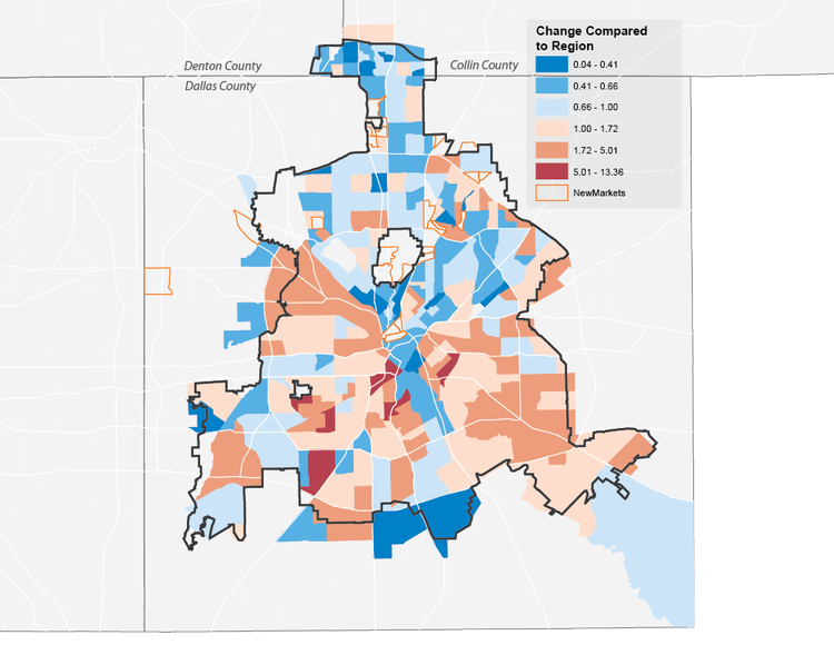 Change in Median Days On Market by Census Tract, Dallas, 2010 - 2015 (NTREIS)