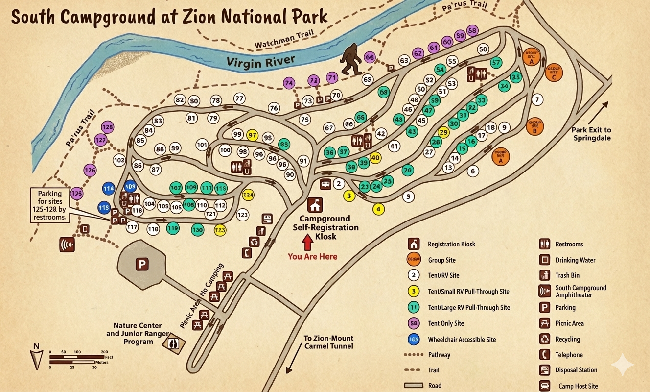 South Campground Map at Zion National Park, Utah