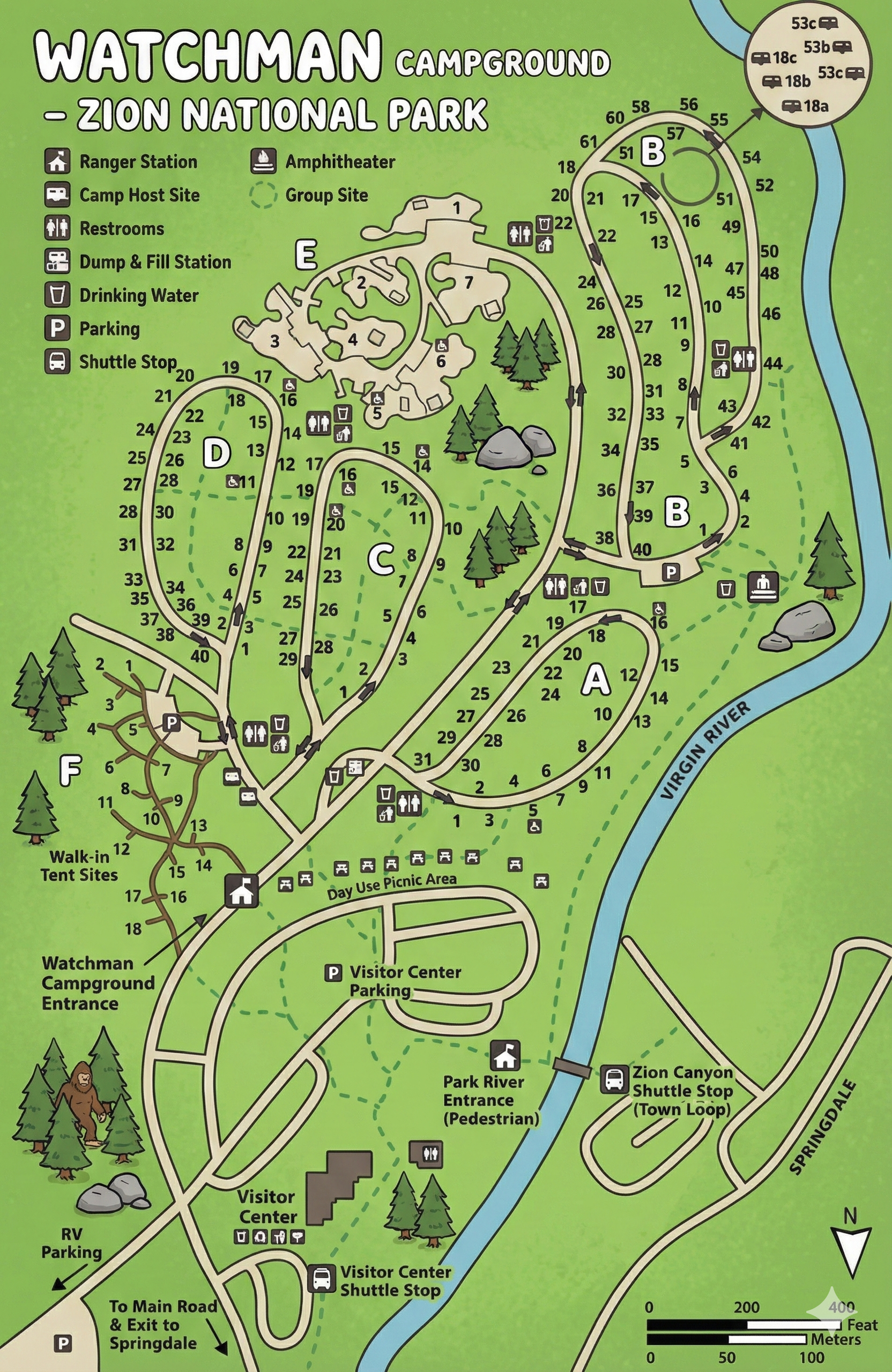 Watchman Campground Map at Zion National Park, Arizona