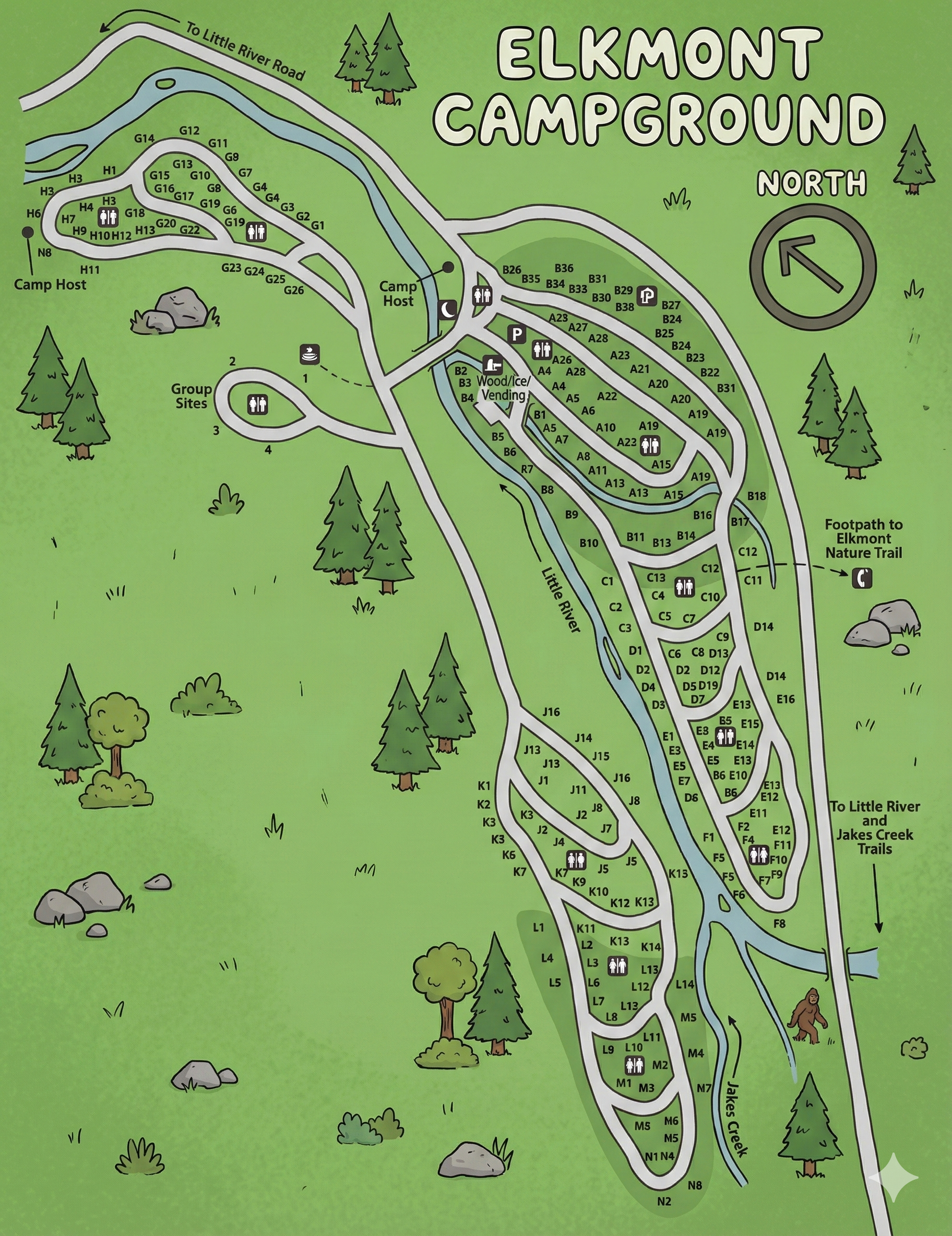 Elkmont Campground Map at Great Smokey Mountains, tennessee