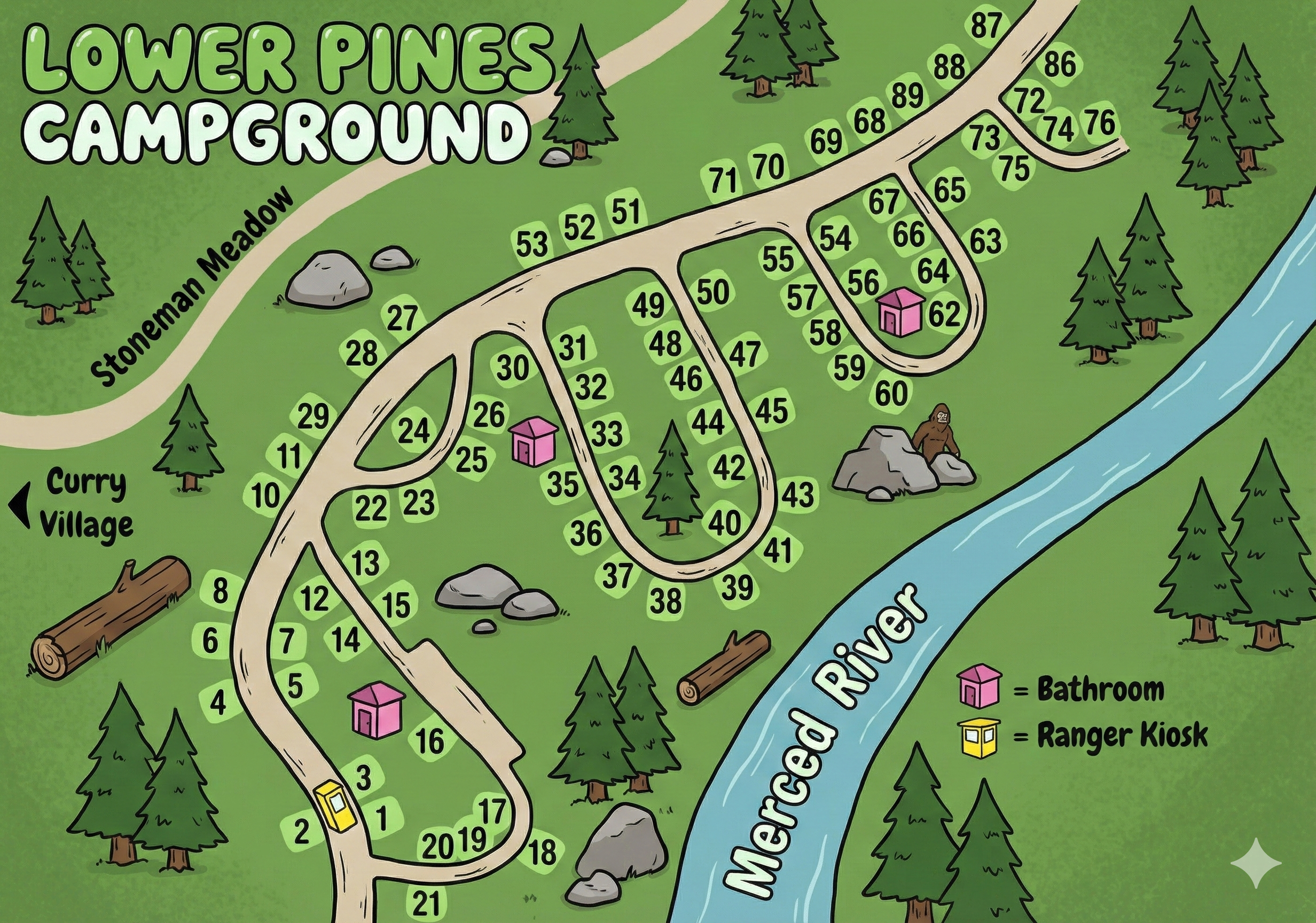 Map of Lower Pines Campground at Yosemite National park, california