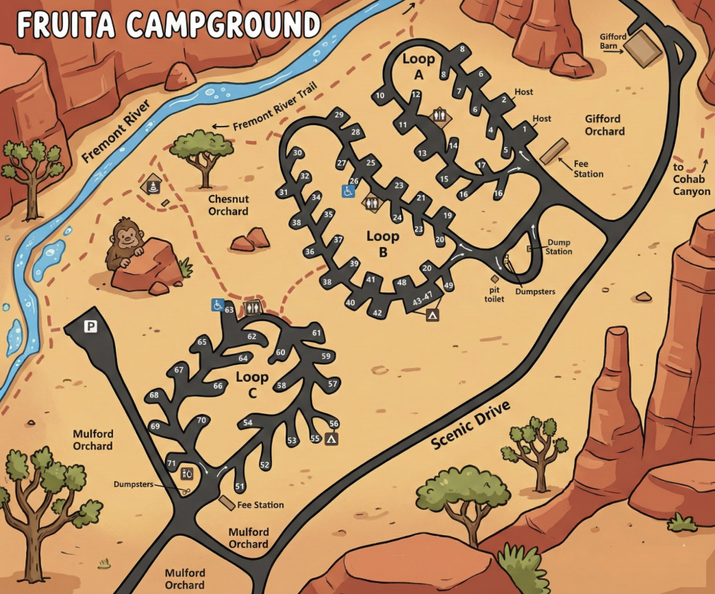 Fruita Campground Map, Capitol Reef, Utah