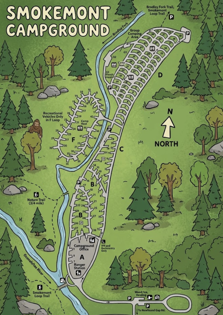 Smokemont Campground Map, Great Smokey Mountains, North Carolina