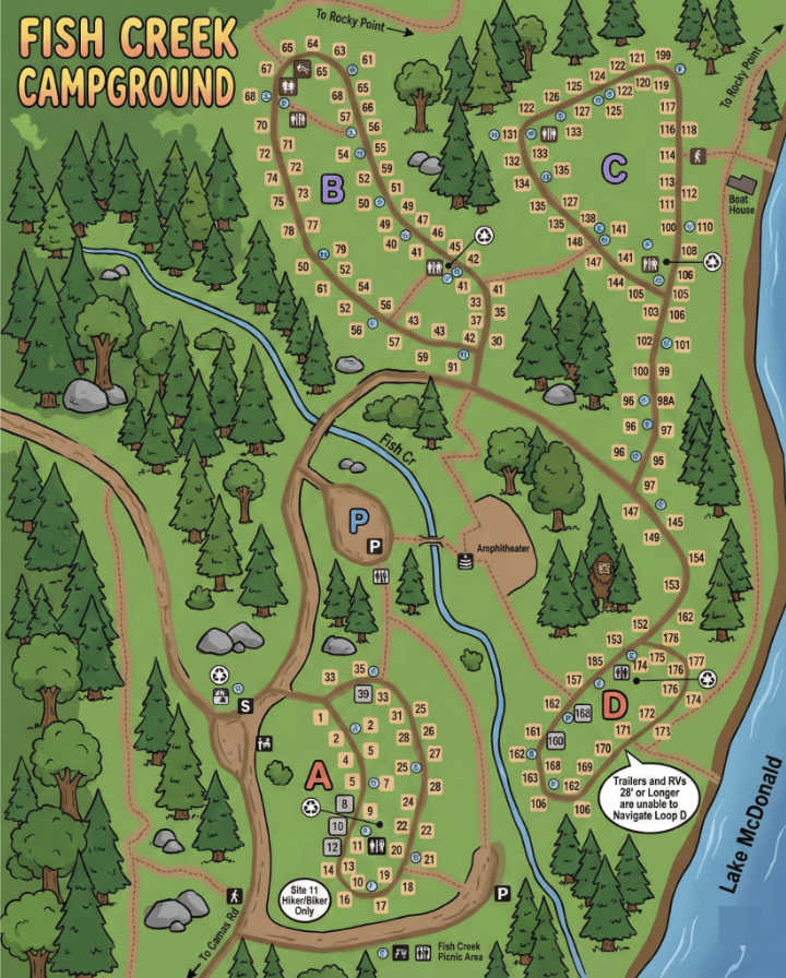Fish Creek Campground Map – Loops A–D, Site Numbers & Lake McDonald ...