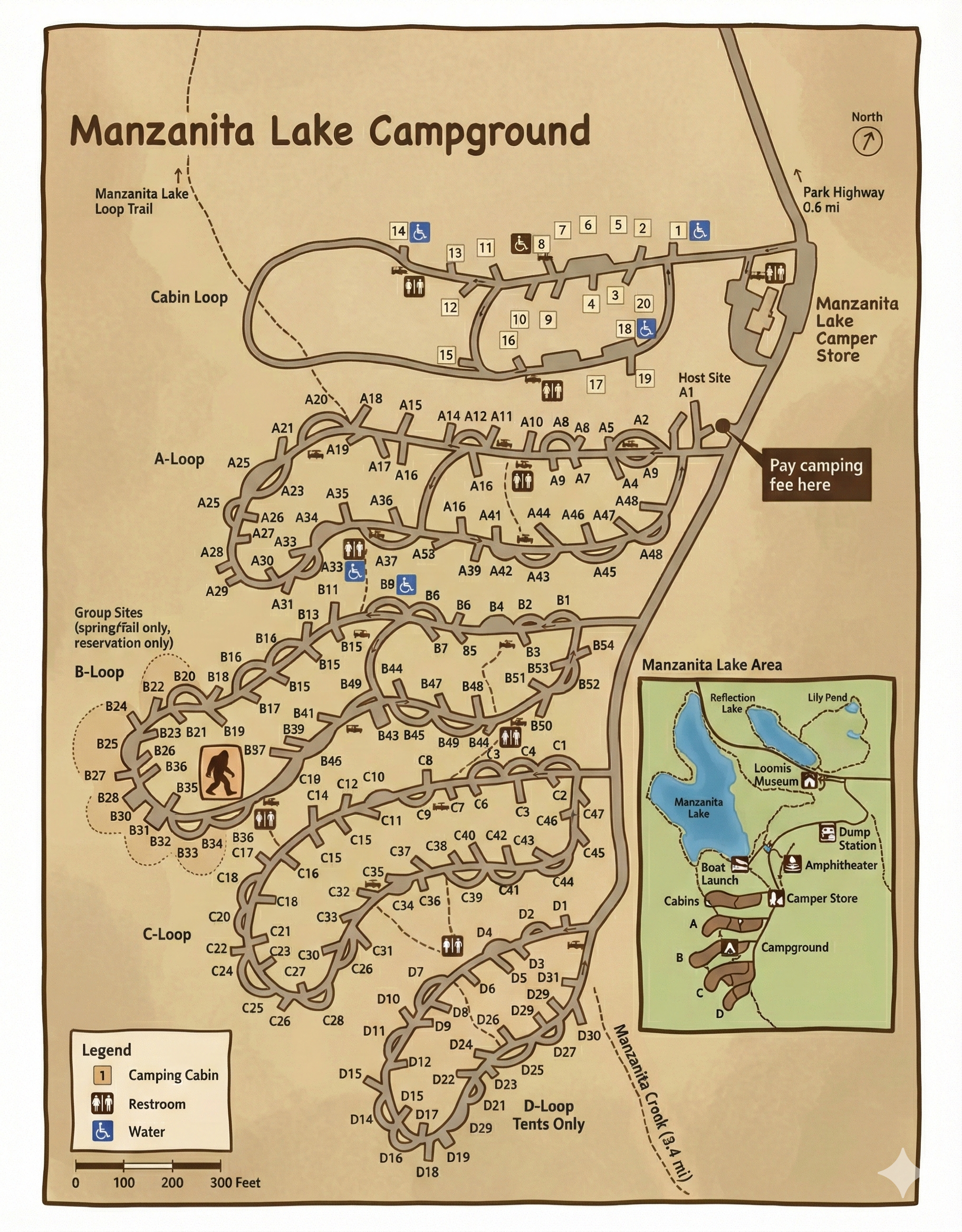 Map of Manzanita Lake Campground with Bigfoot