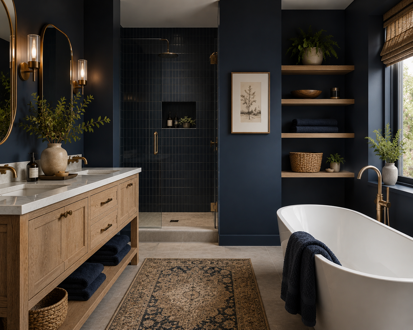 Deep Blue and Natural Oak: A Calm, Elevated Bath That Endures