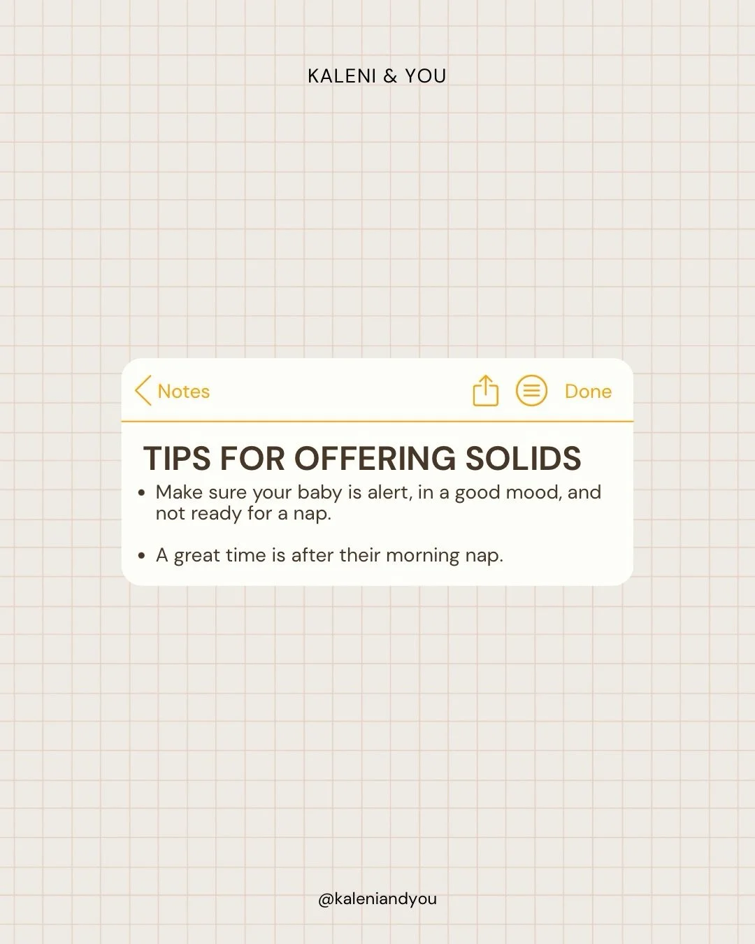 Starting solids is such a learning curve 💛

These simple tips can make mealtimes feel a little less stressful for you and your baby.

Save this for when you&rsquo;re ready to begin 🙏

#babyfirstfood #startingsolids #kaleniandyou #parentinghacks #ba