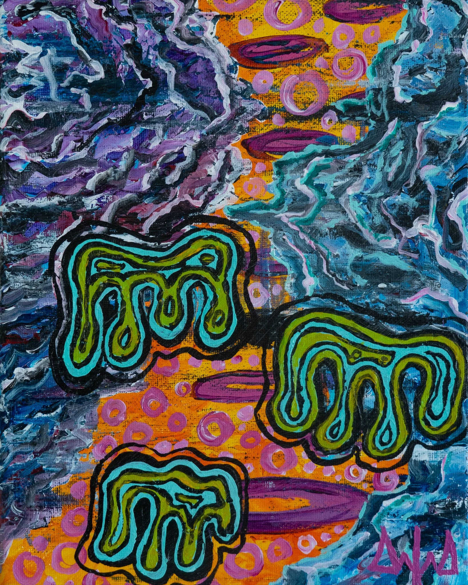 Abstract colorful painting with swirling patterns, bold outlines, and bright colors like blue, purple, orange, pink, and green.