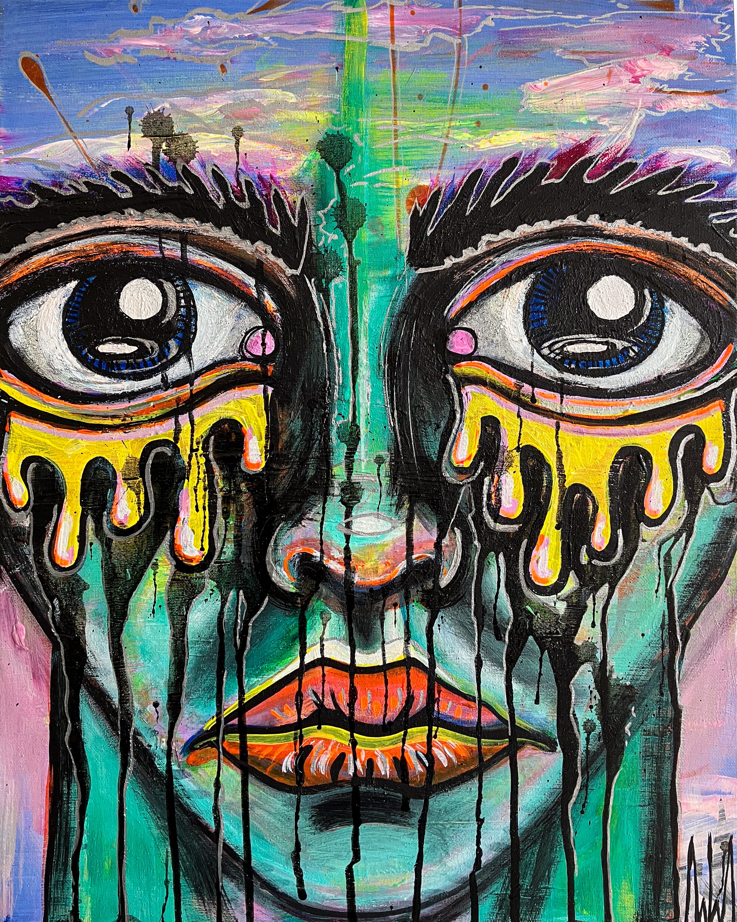 A colorful graffiti artwork of a person's face with large eyes and dripping paint effects, creating a vivid and expressive portrait.