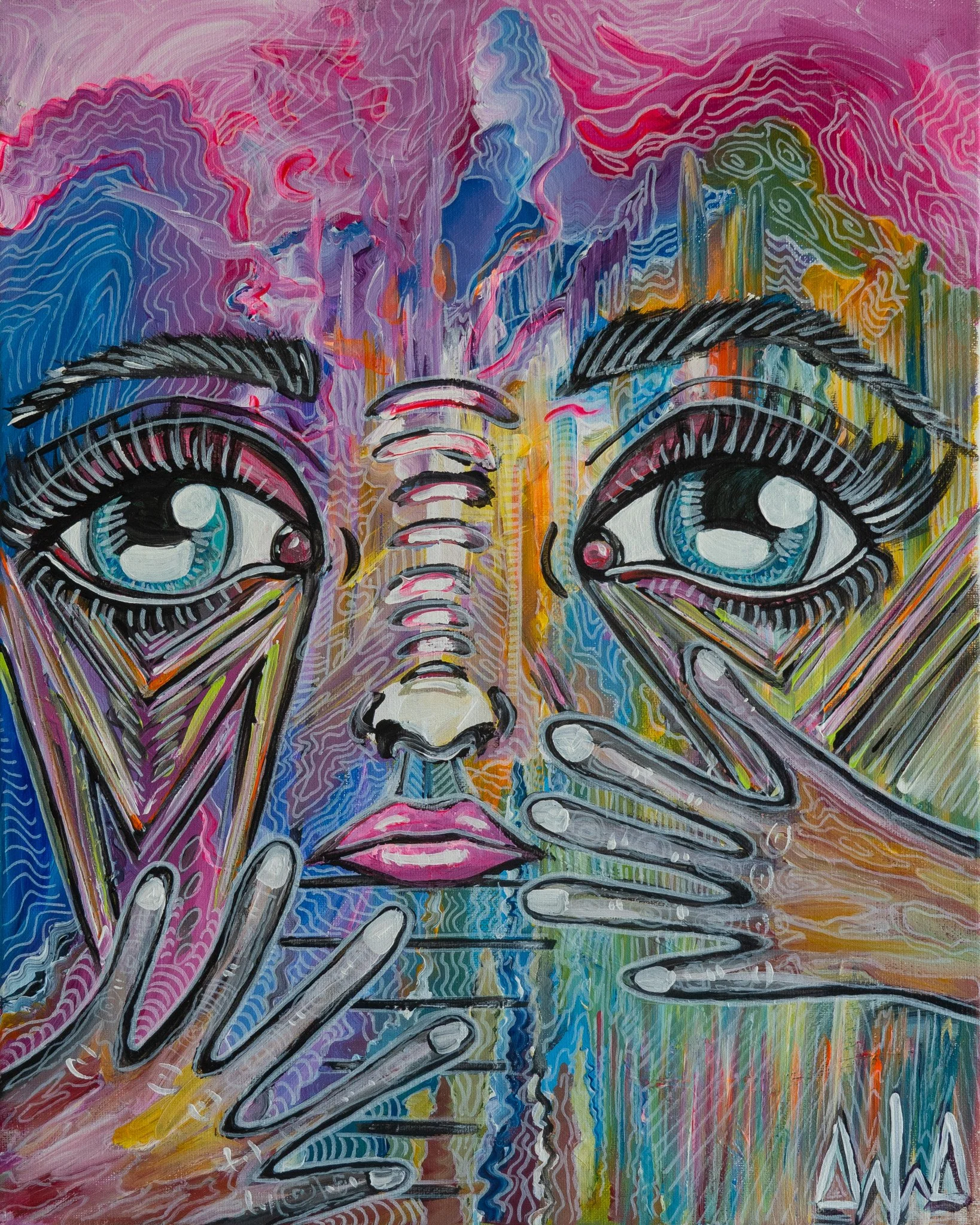 Abstract portrait of a woman with large blue eyes, pink lips, and multiple hands touching her face amidst colorful, swirling background.