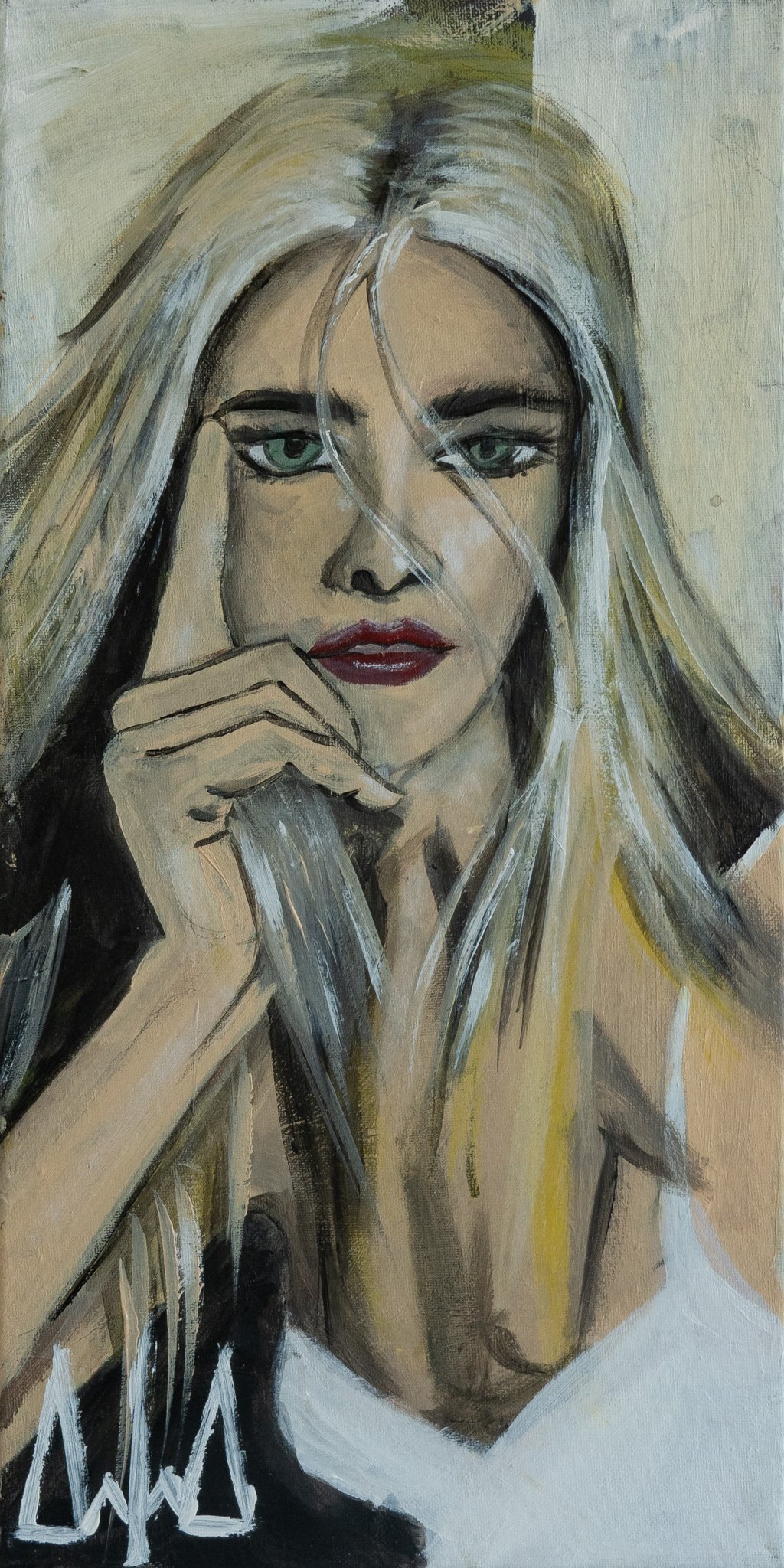 A portrait painting of a woman with blonde hair, green eyes, wearing red lipstick, holding her chin with her hand, wearing a white top.