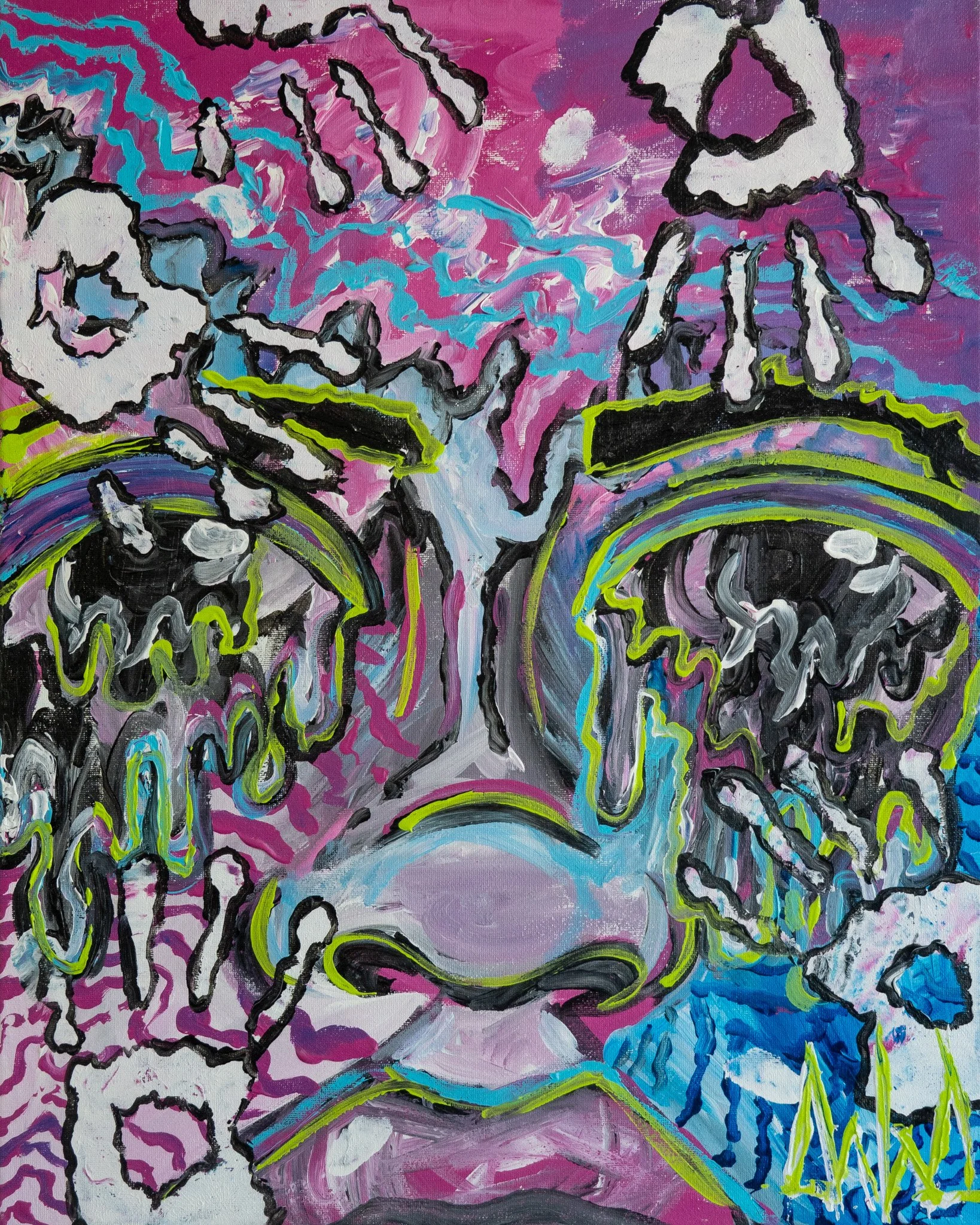An abstract painting featuring multiple hands outlined in black, with some handprints and dynamic swirling colors in pink, purple, blue, and green tones.