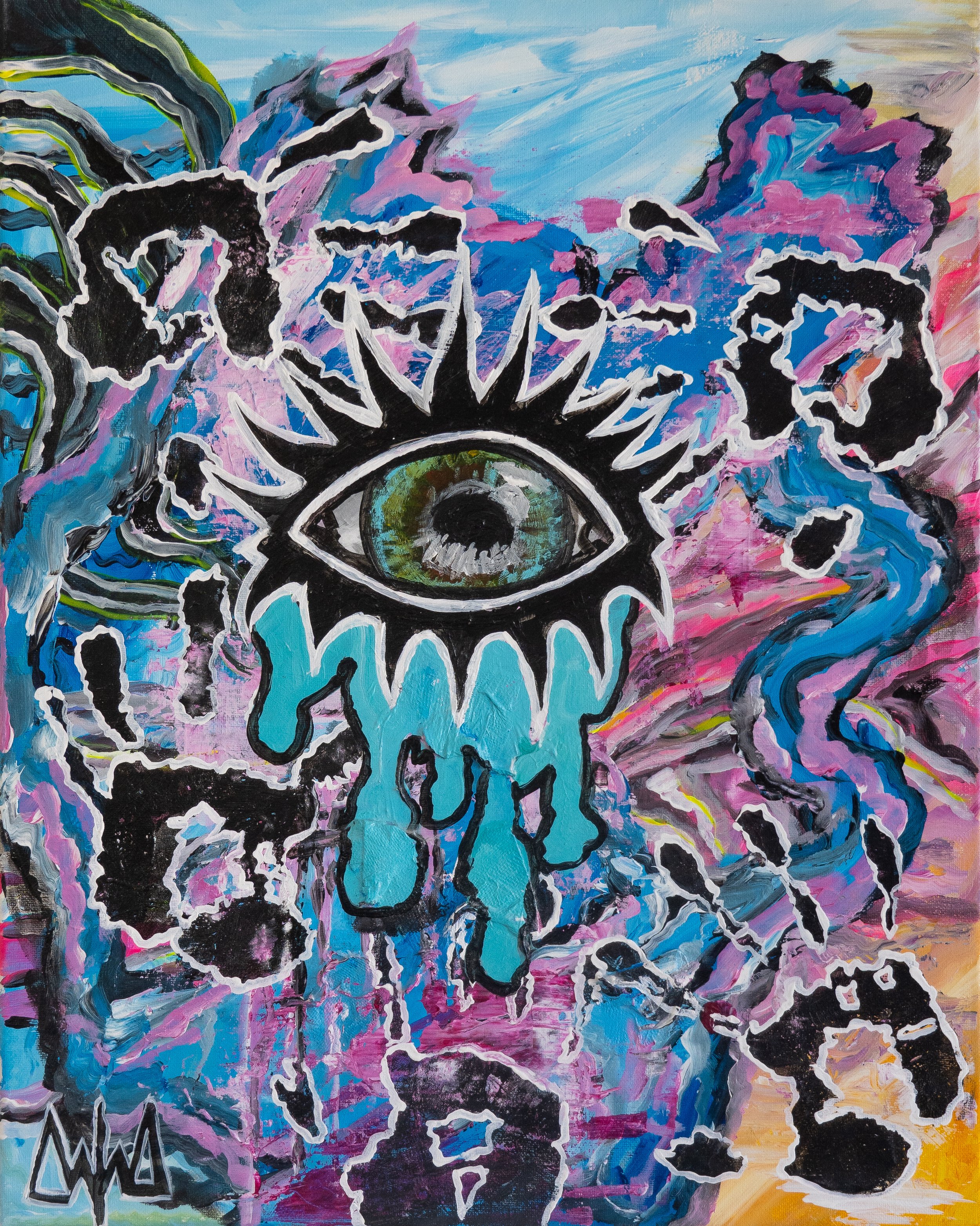 An abstract painting featuring a large eye with green and blue hues at its center, surrounded by a black outline and white highlights. Blue tears are dripping from the eye. The background consists of swirling colors including pink, purple, blue, and 