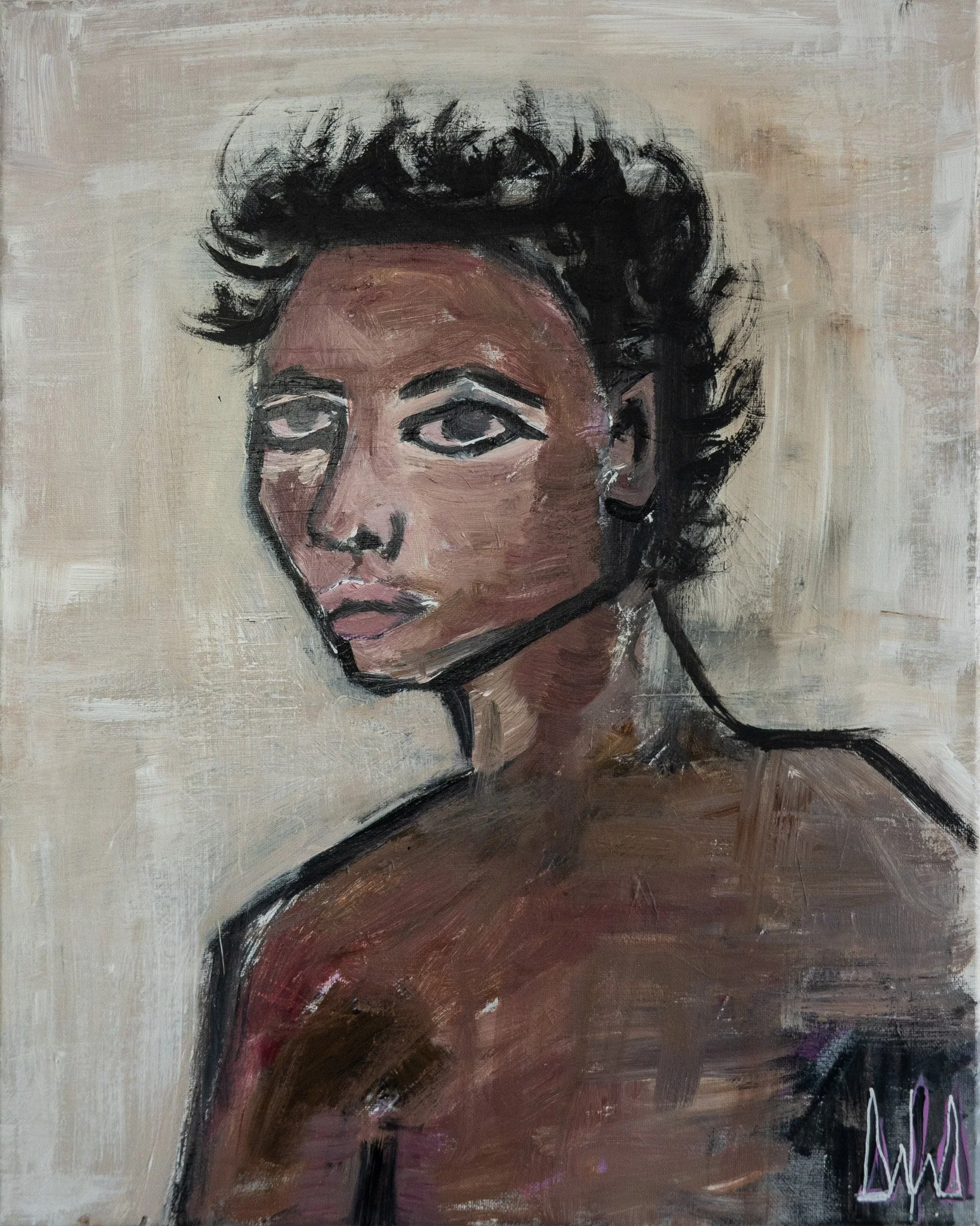 An abstract portrait of a woman with dark skin, curly short hair, and intense eyes, painted with bold brushstrokes and black outlines.