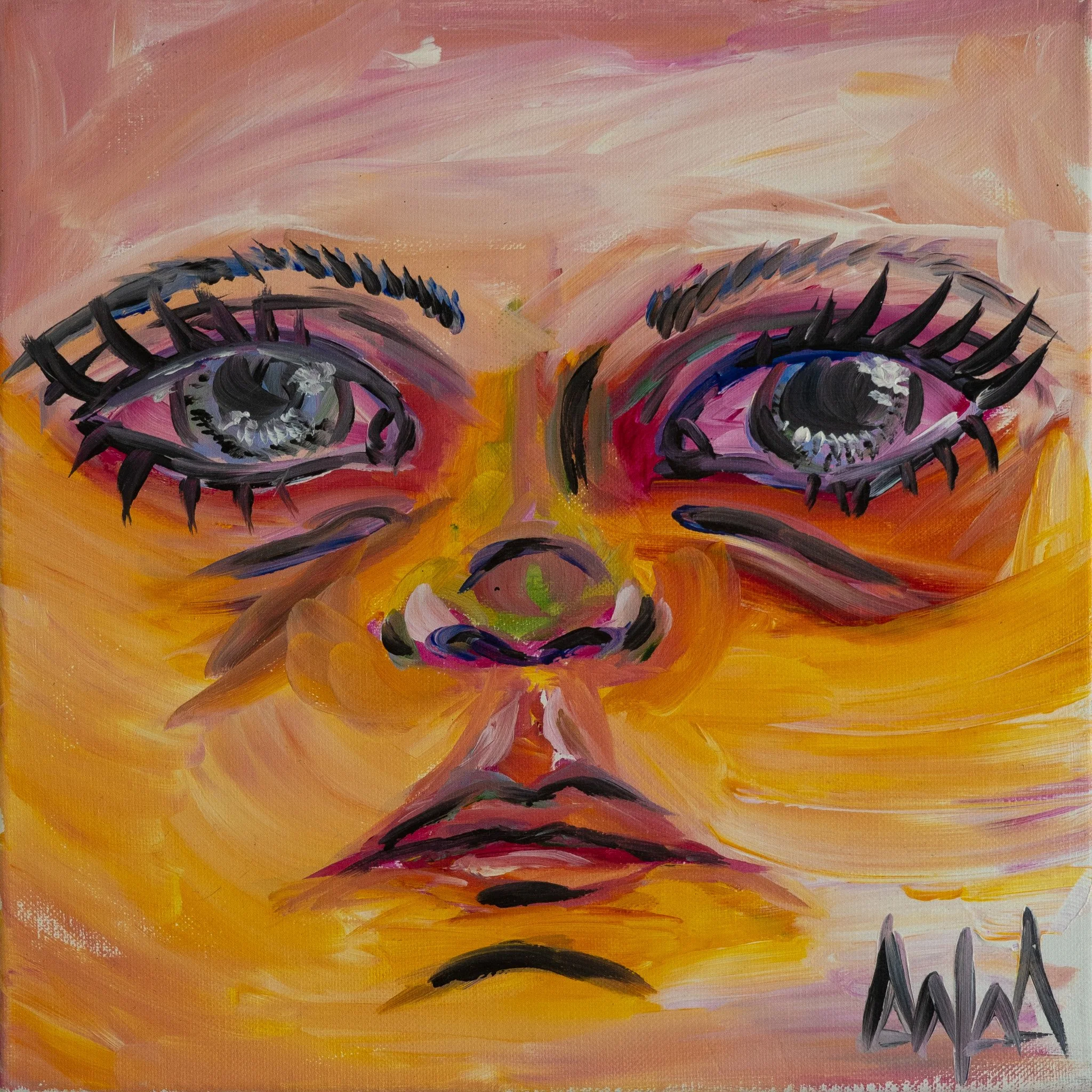 An abstract portrait painting of a face with large, expressive eyes with long black eyelashes, a small nose, and lips, using bold brushstrokes in pink, purple, yellow, and black.