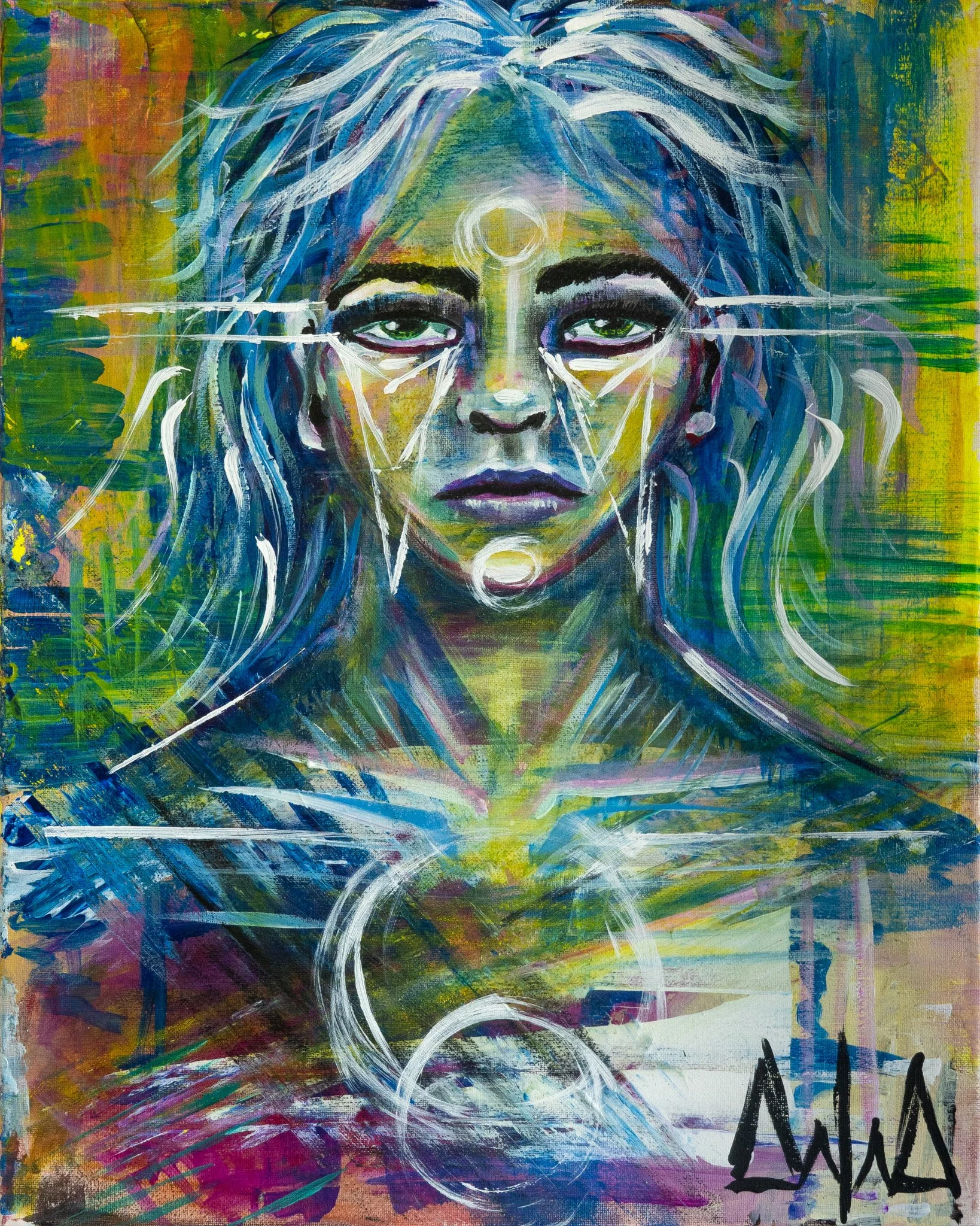 Abstract portrait of a woman with long hair, intense eyes, and mystical symbols on her forehead, with vibrant multicolor background and white streaks.