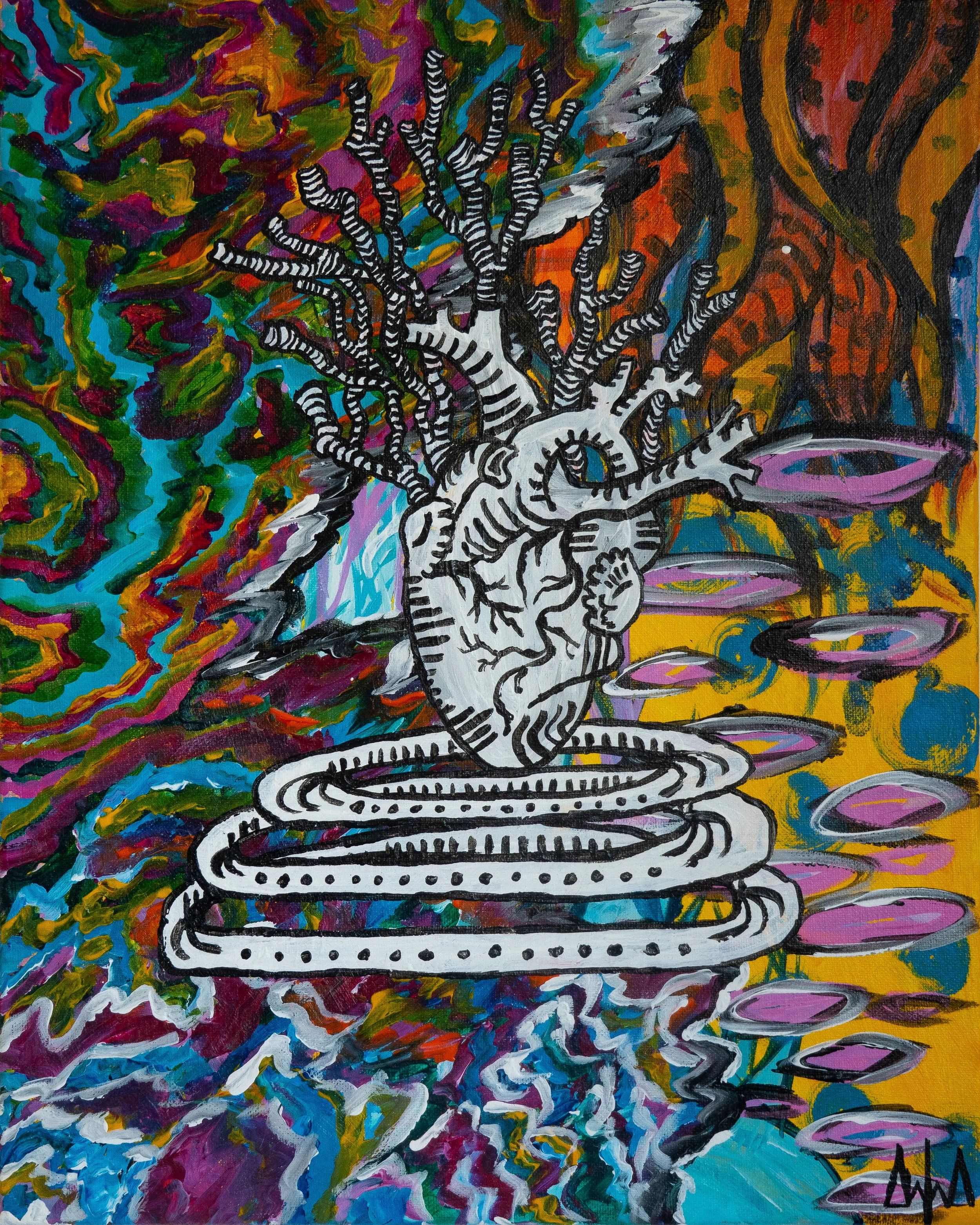 A colorful abstract painting featuring a black and white line drawing of a stylized human heart with tree-like branches emerging from it, set against a vibrant, swirling background of various colors.