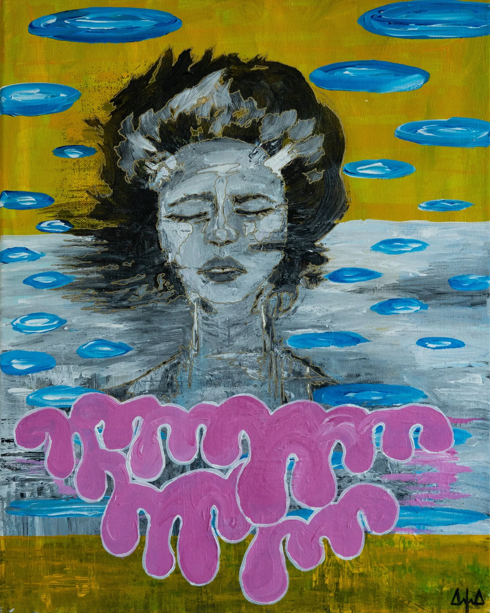 An abstract painting of a woman's face with her eyes closed, surrounded by blue water droplets, a yellow background, and pink text at the bottom.