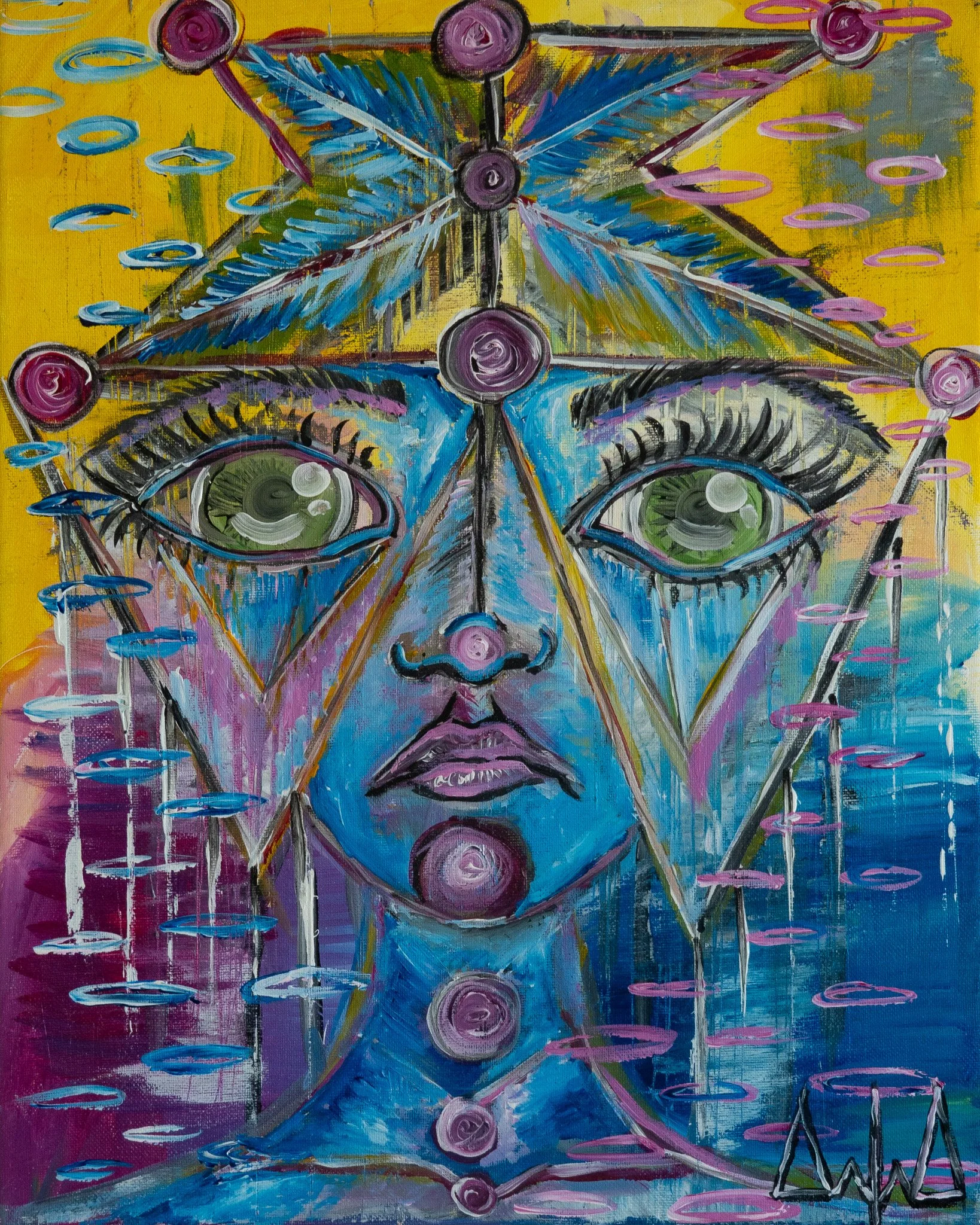 Colorful abstract painting of a human face with green eyes, surrounded by geometric shapes, water drops, and vibrant colors.