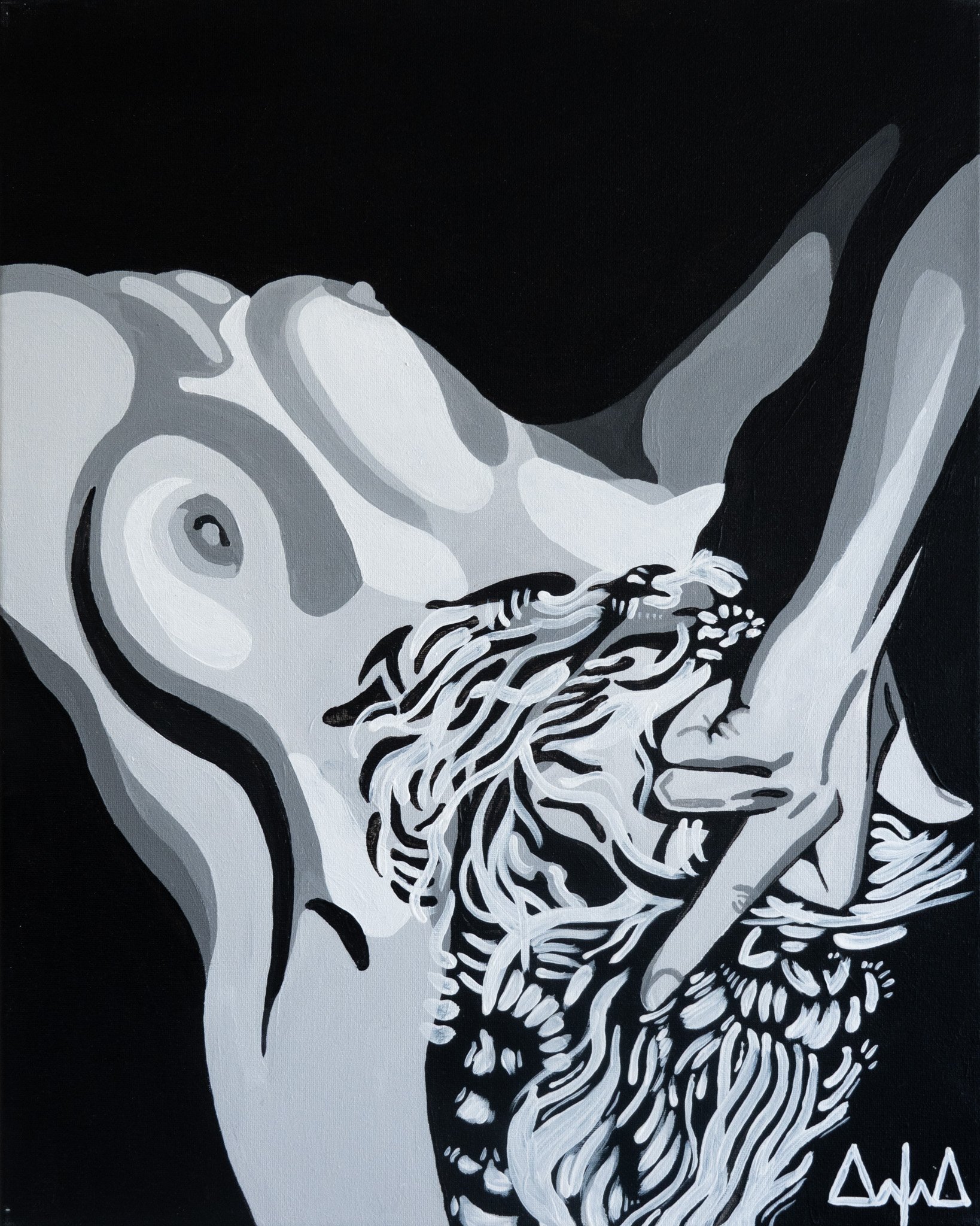 Abstract black, white, and gray painting of a face with flowing hair, closed eye, and an elongated arm, signature at the bottom right corner.