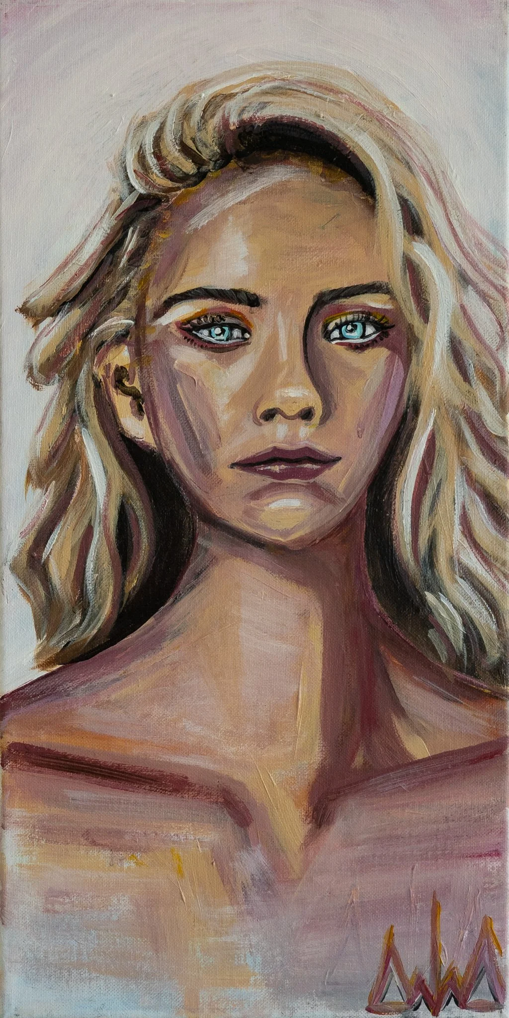 A portrait of a woman with blonde, wavy hair and blue eyes, painted in a semi-realistic style.