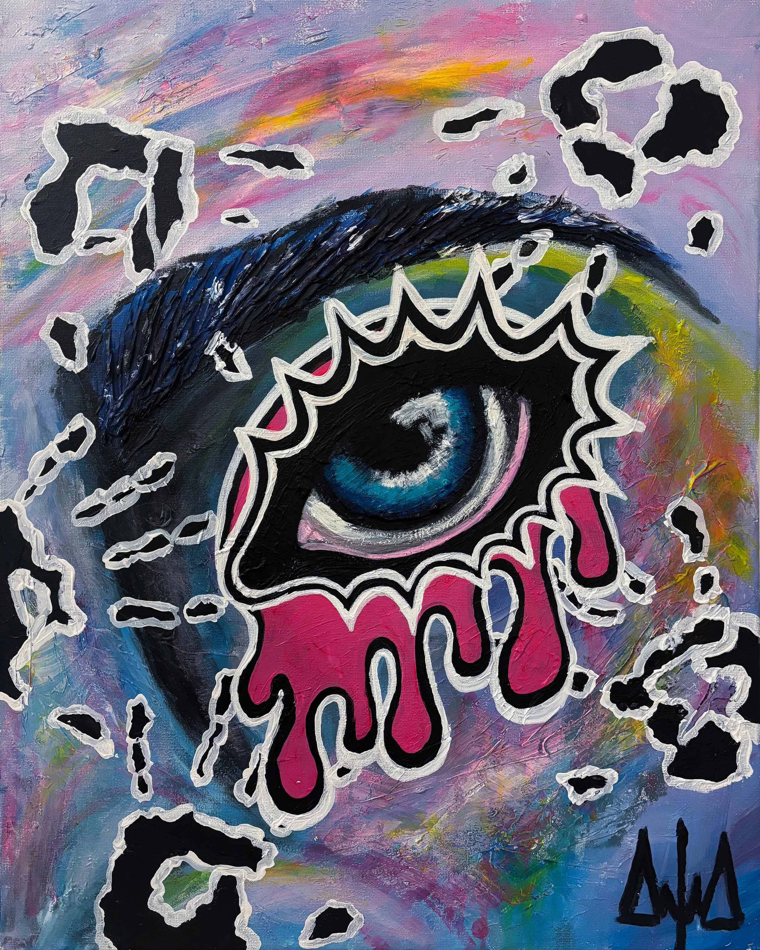 Abstract painting of a blue eye with pink and black details, surrounded by black and white irregular shapes and splashes of multicolored background with pink, purple, yellow, and green hues.